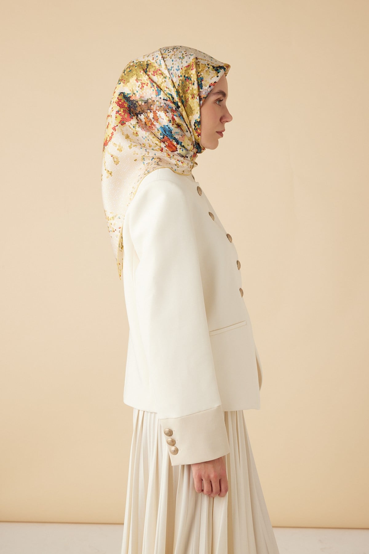 SU MASALI TİVİL İPEK EŞARP 90*90 CM - SARI