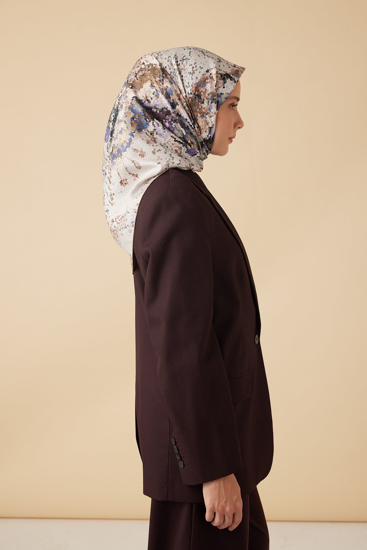SU MASALI TİVİL İPEK EŞARP 90*90 CM - VİZON