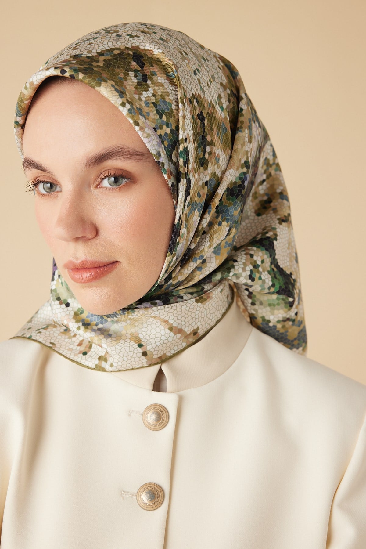SU MASALI TİVİL İPEK EŞARP 90*90 CM - YEŞİL