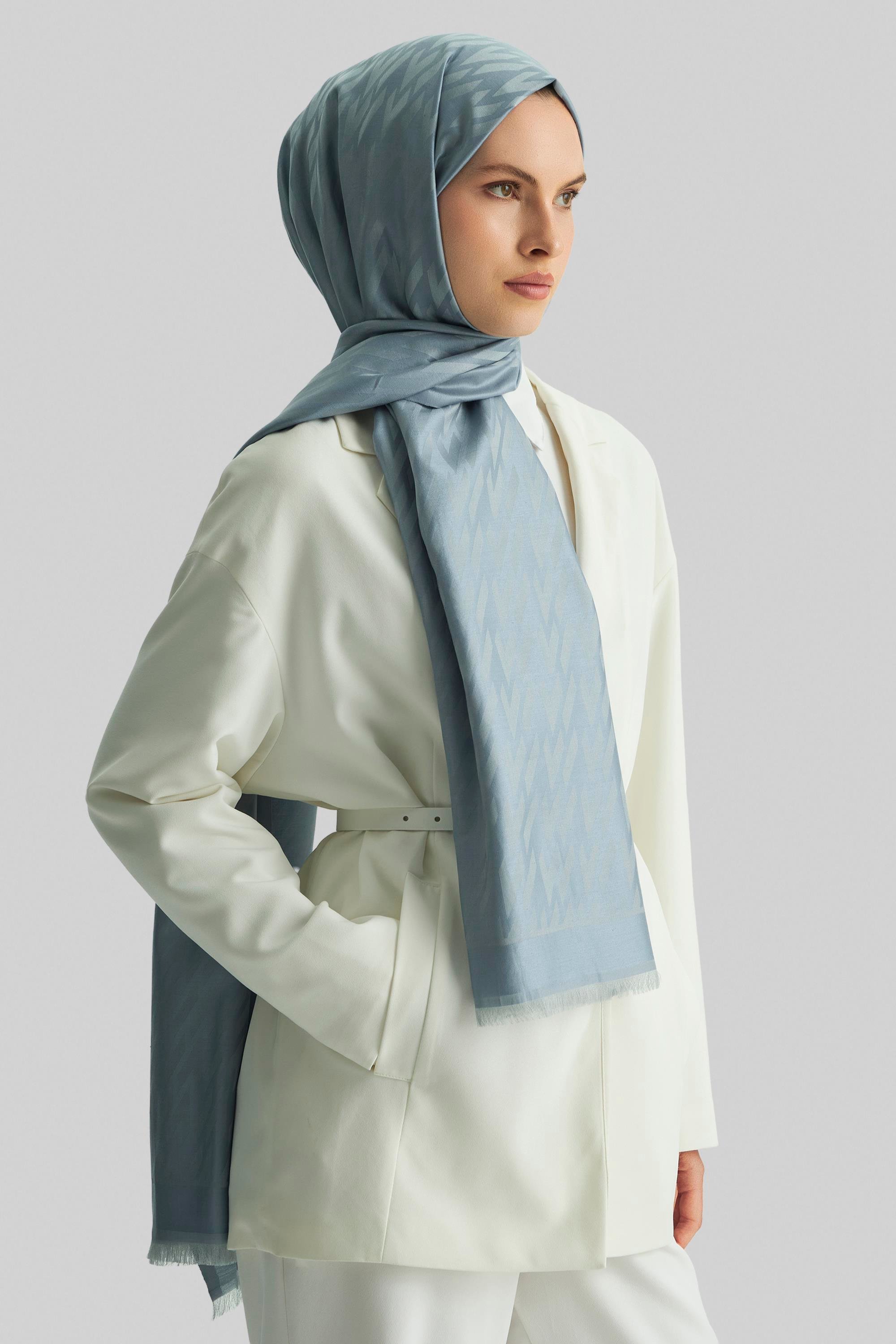 UMAY %100 İPEK JAKARLI ŞAL-GRİ MAVİ