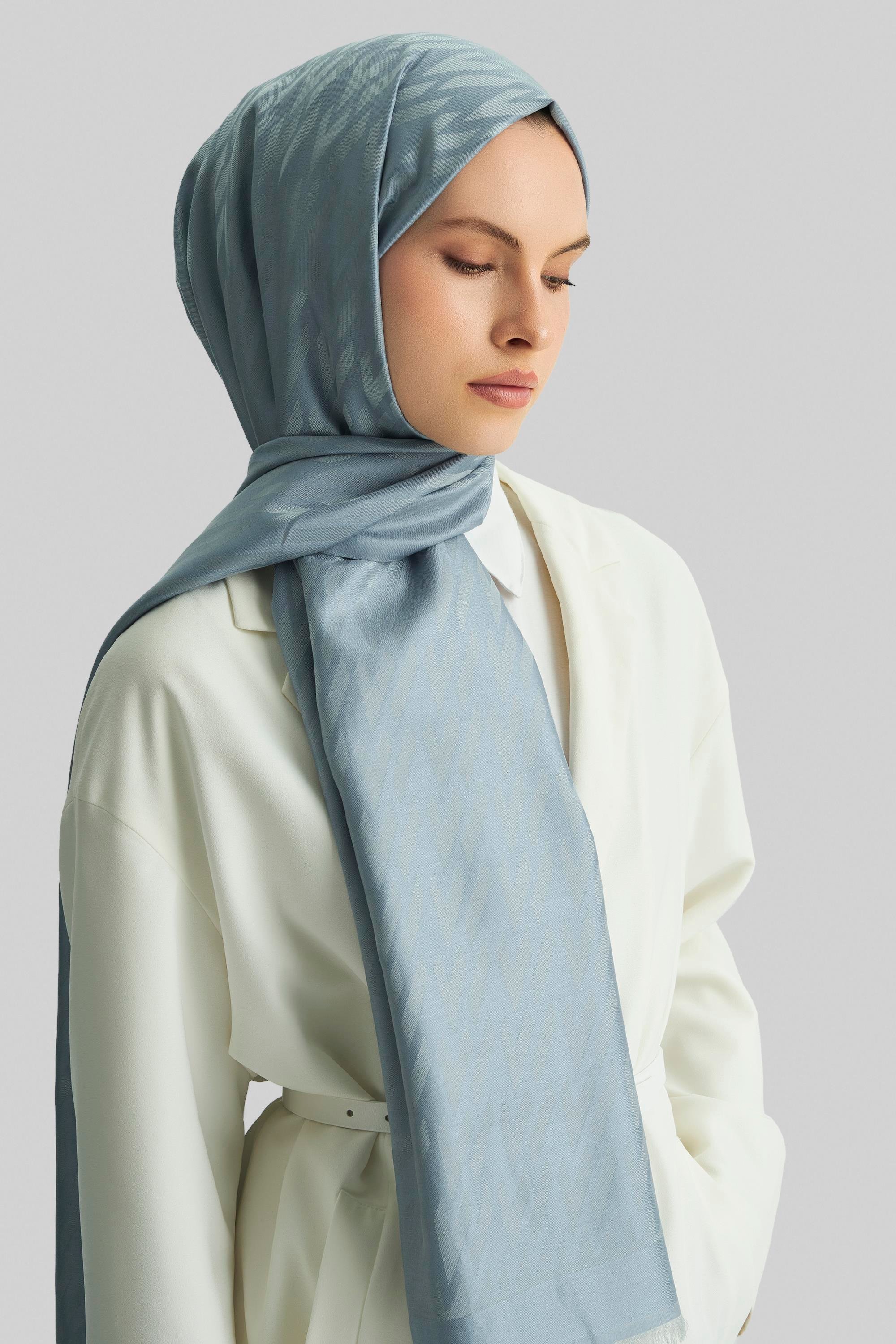 UMAY %100 İPEK JAKARLI ŞAL-GRİ MAVİ