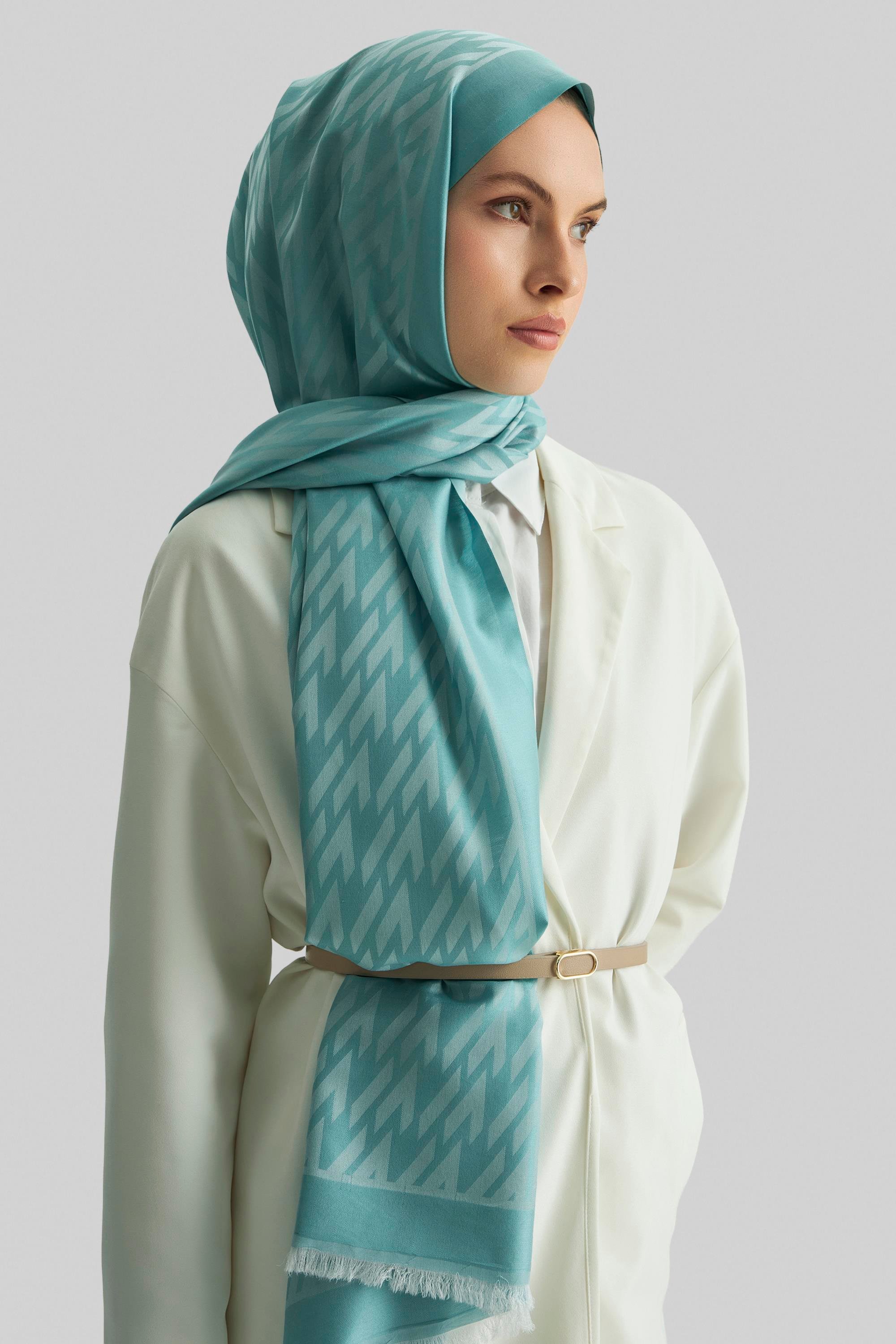 UMAY %100 İPEK JAKARLI ŞAL-TURKUAZ