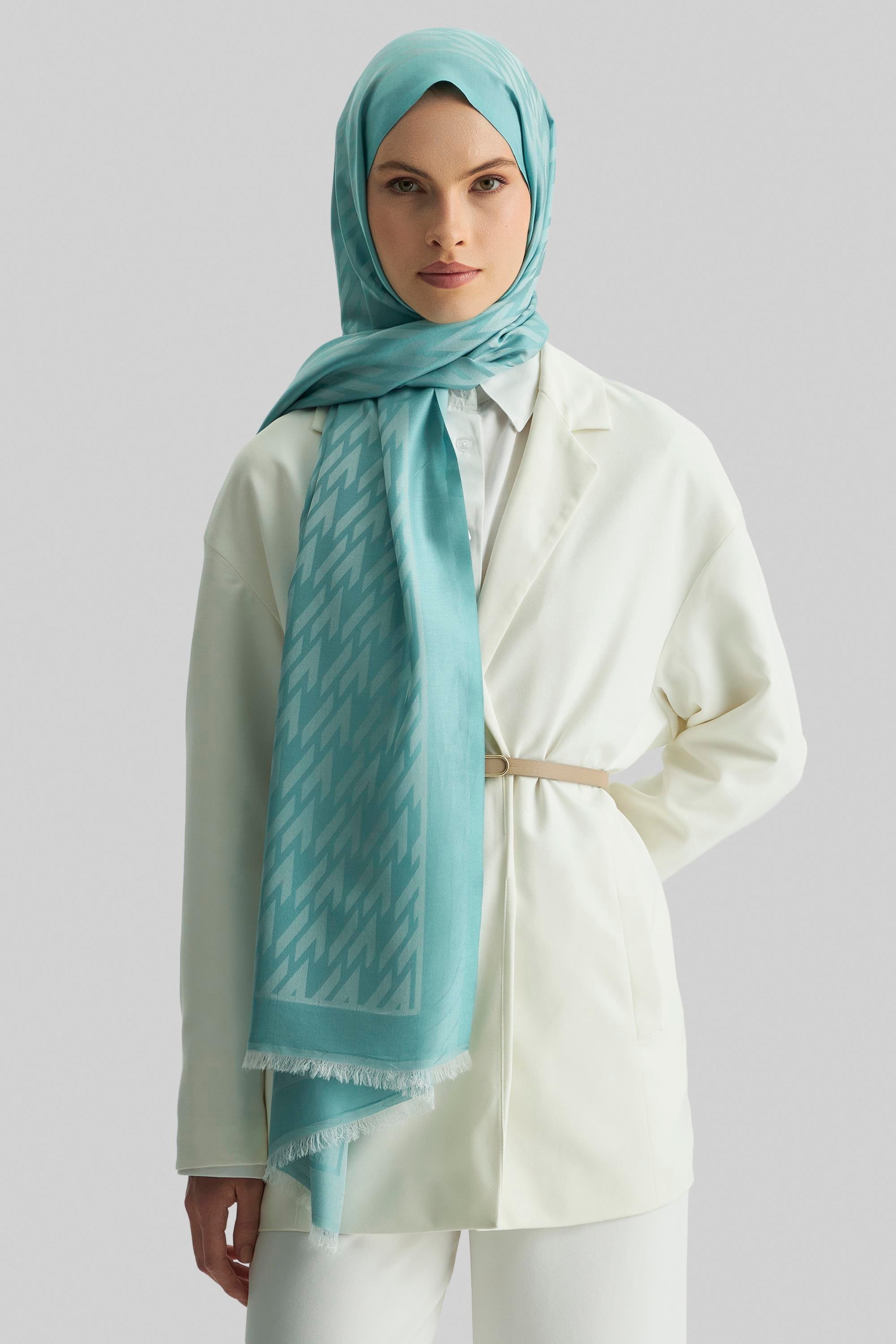 UMAY %100 İPEK JAKARLI ŞAL-TURKUAZ