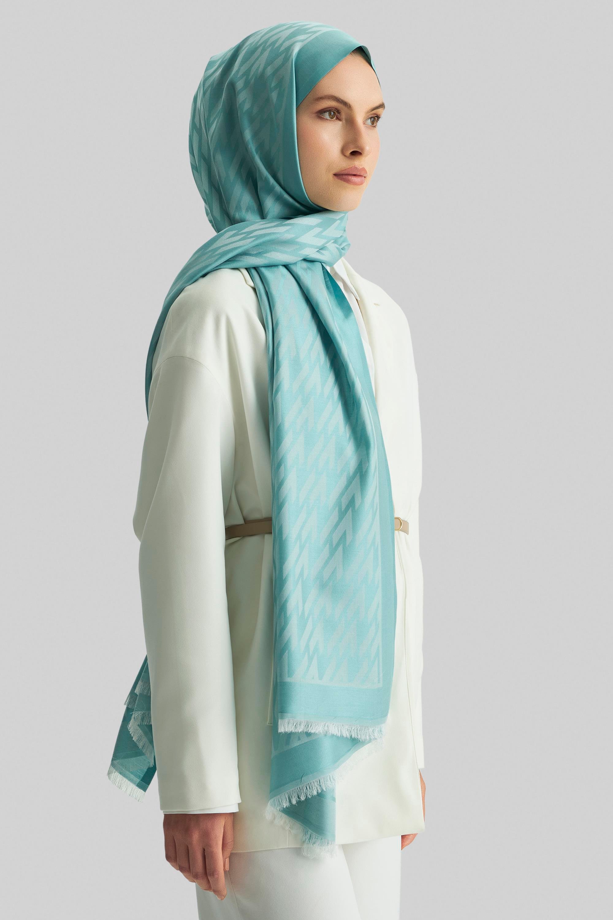 UMAY %100 İPEK JAKARLI ŞAL-TURKUAZ