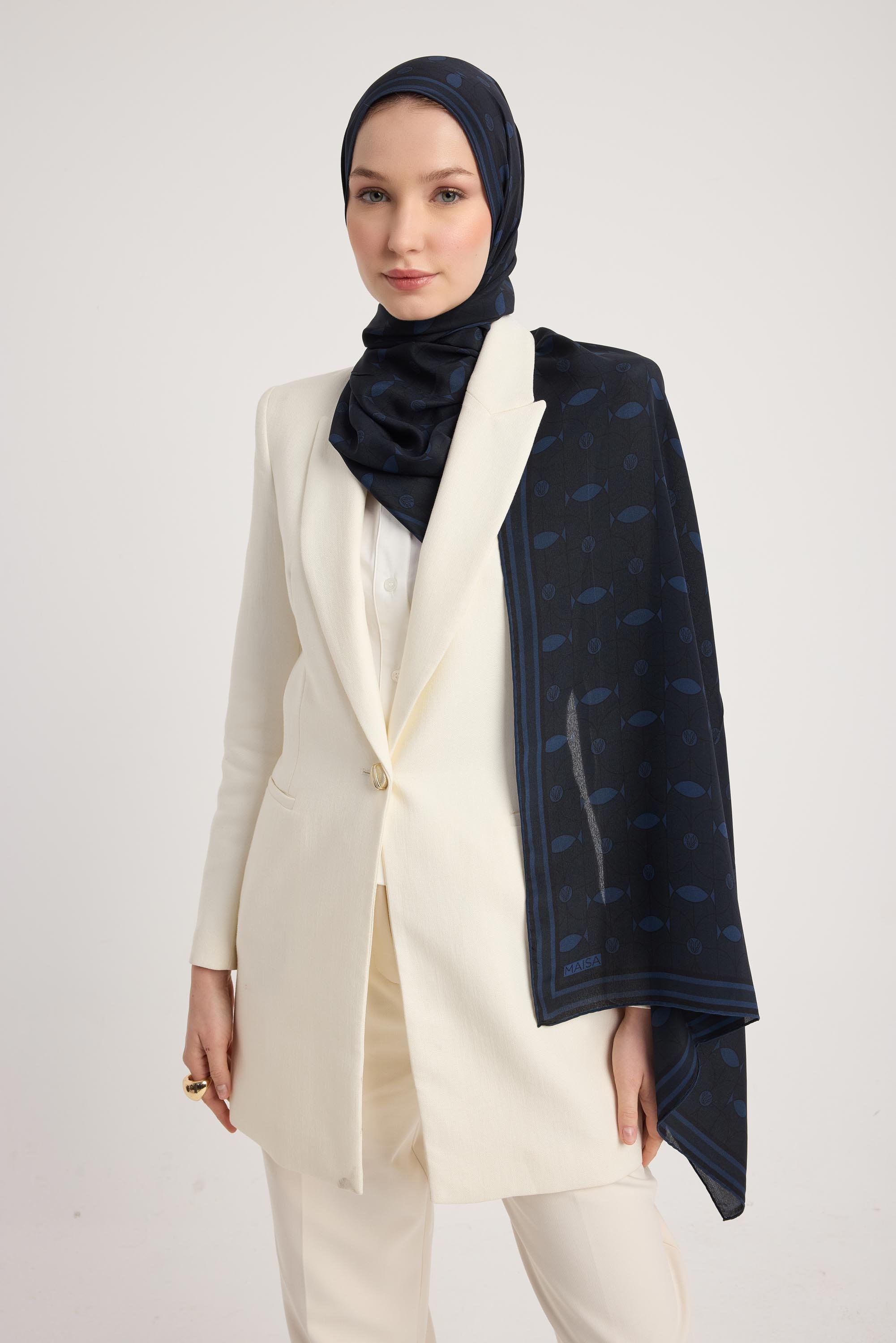 ZERRE KREP İPEK ŞAL 70*190 CM - LACİVERT