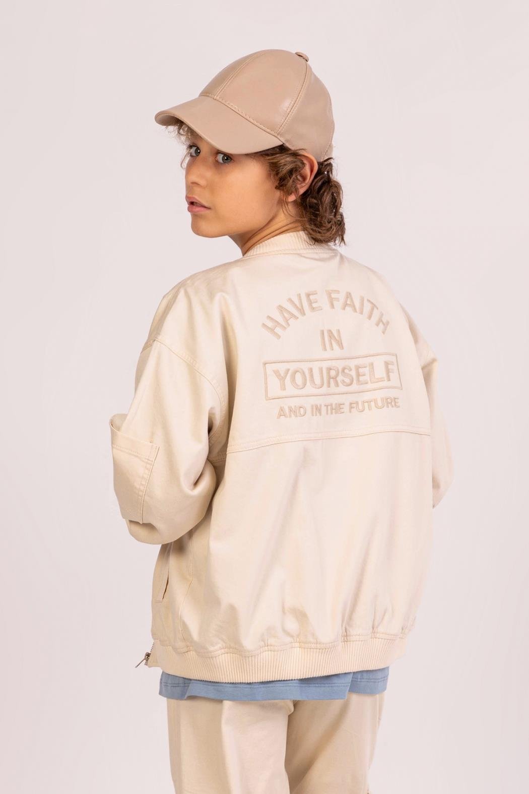 Arkası Yazı İşlemeli Erkek Ceket - Krem