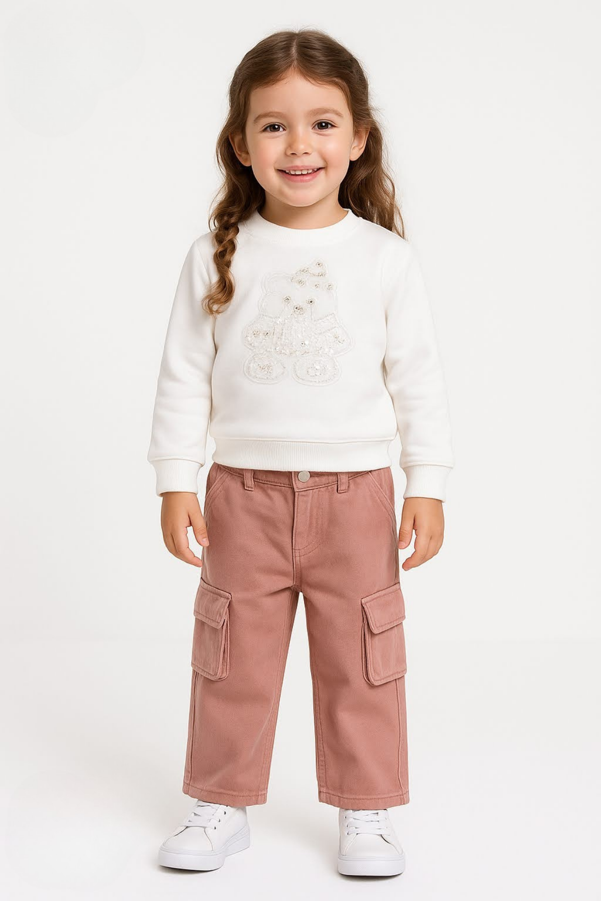 Ayıcık İşlemeli Bebe Sweat - Ekru