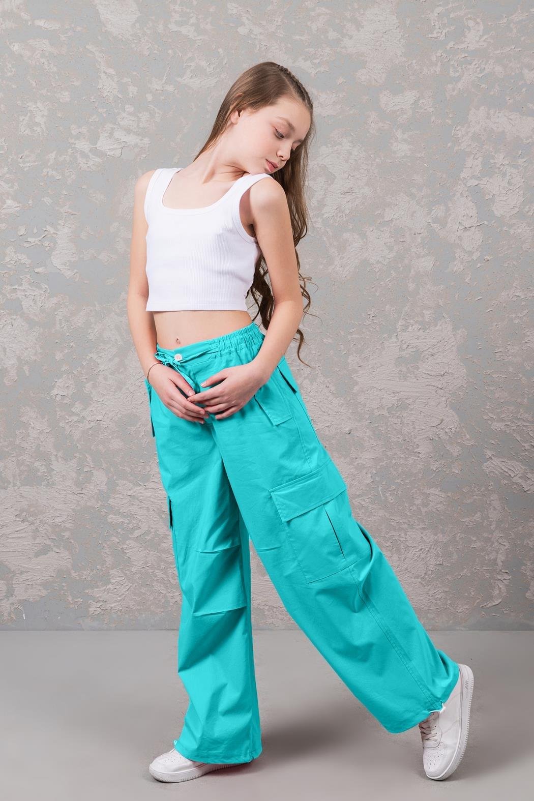 Beli Latikli Kız Paraşüt Pantolon - Yeşil Mint