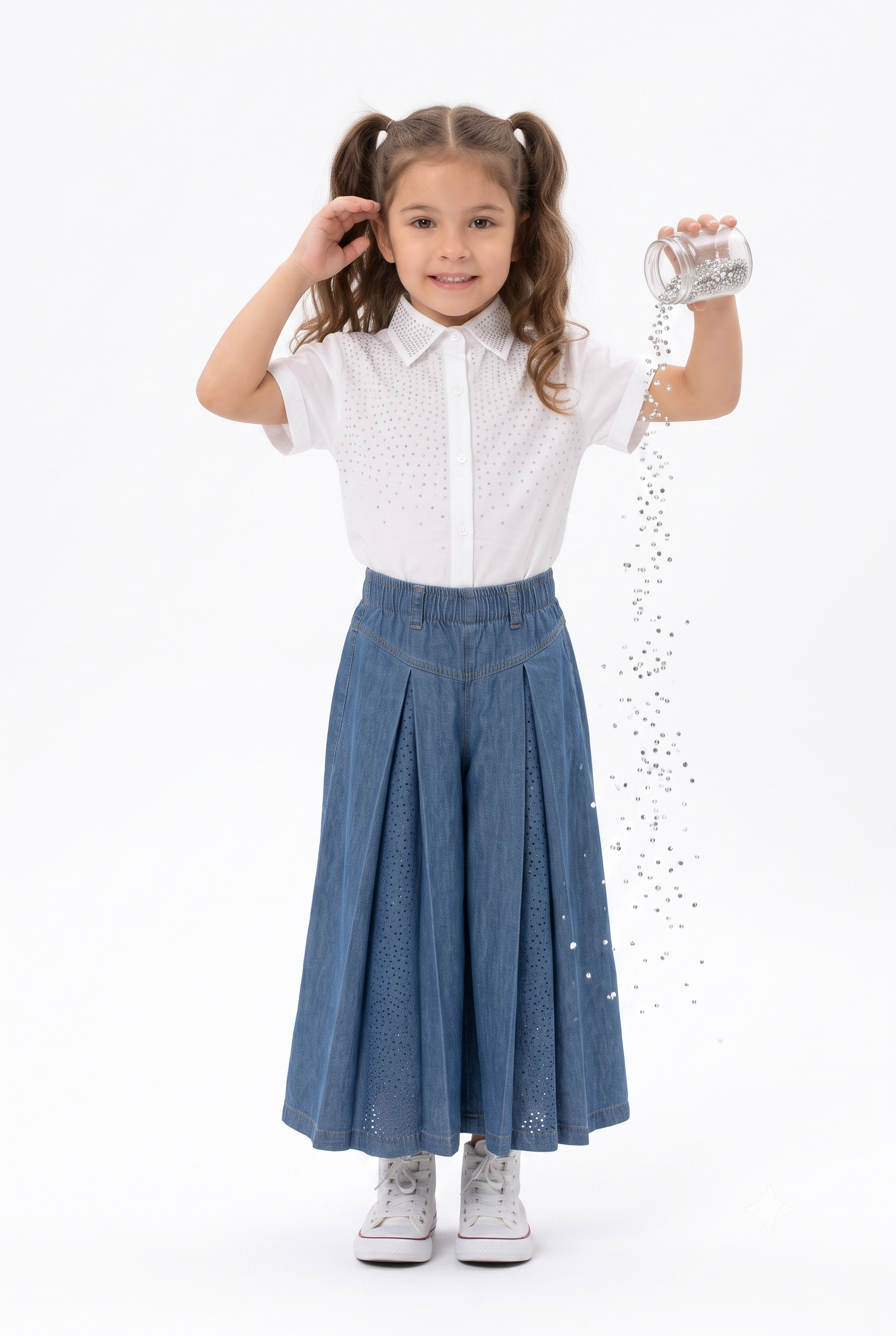Bol Paça Taşlı Kız Denim Pantolon - Lacivert
