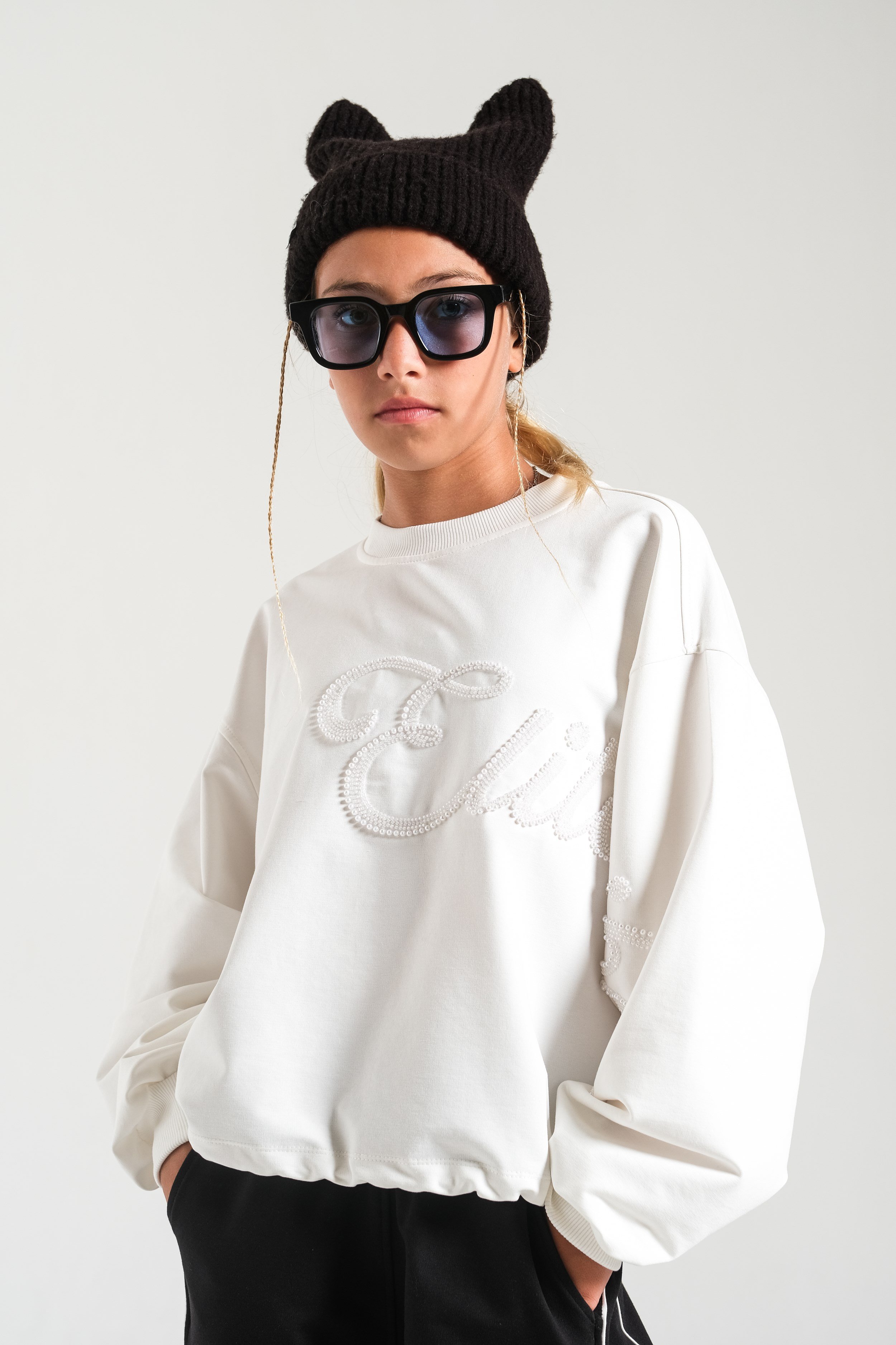 Boncuk Nakışlı Kız Sweat - Ekru