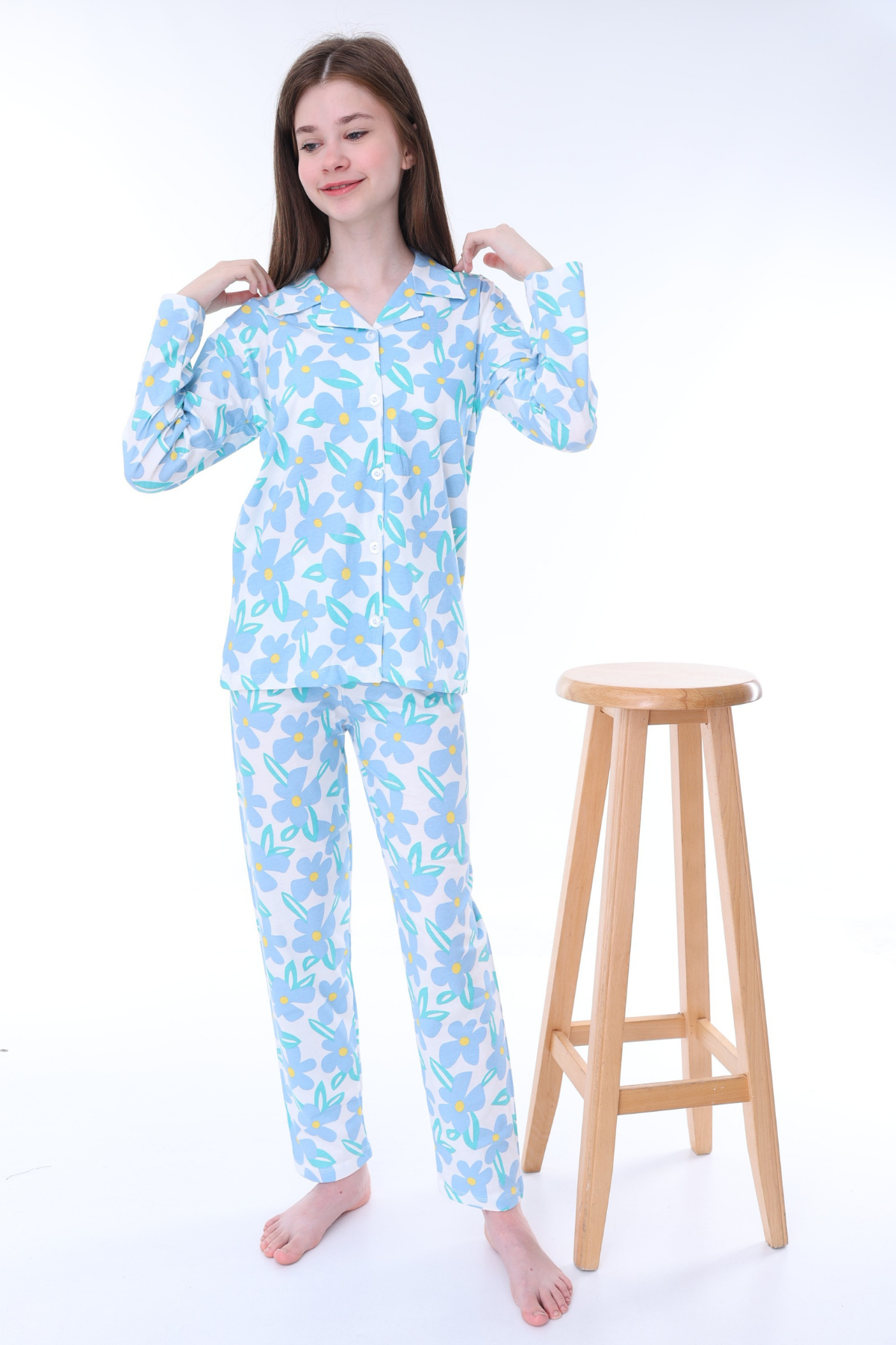 Çiçek Desenli Düğmeli Kız Pijama Takımı - Açık Mavi