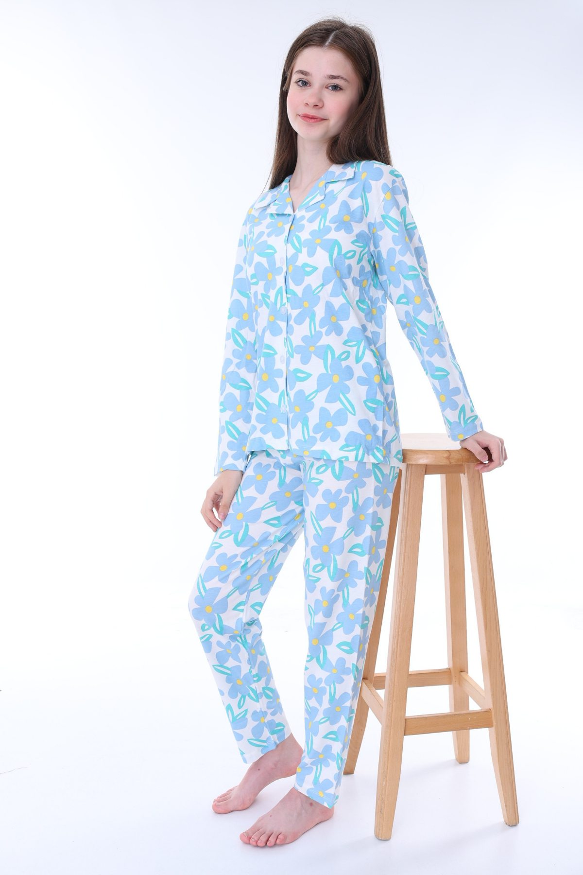 Çiçek Desenli Düğmeli Kız Pijama Takımı - Açık Mavi