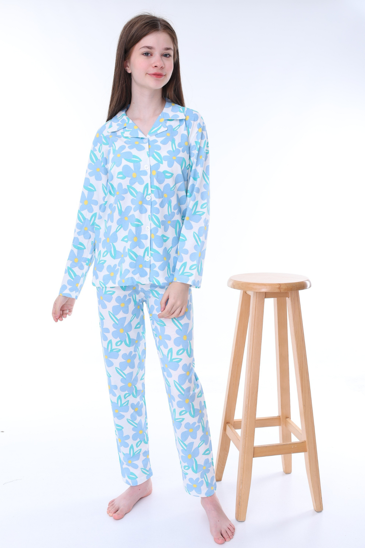 Çiçek Desenli Düğmeli Kız Pijama Takımı - Açık Mavi