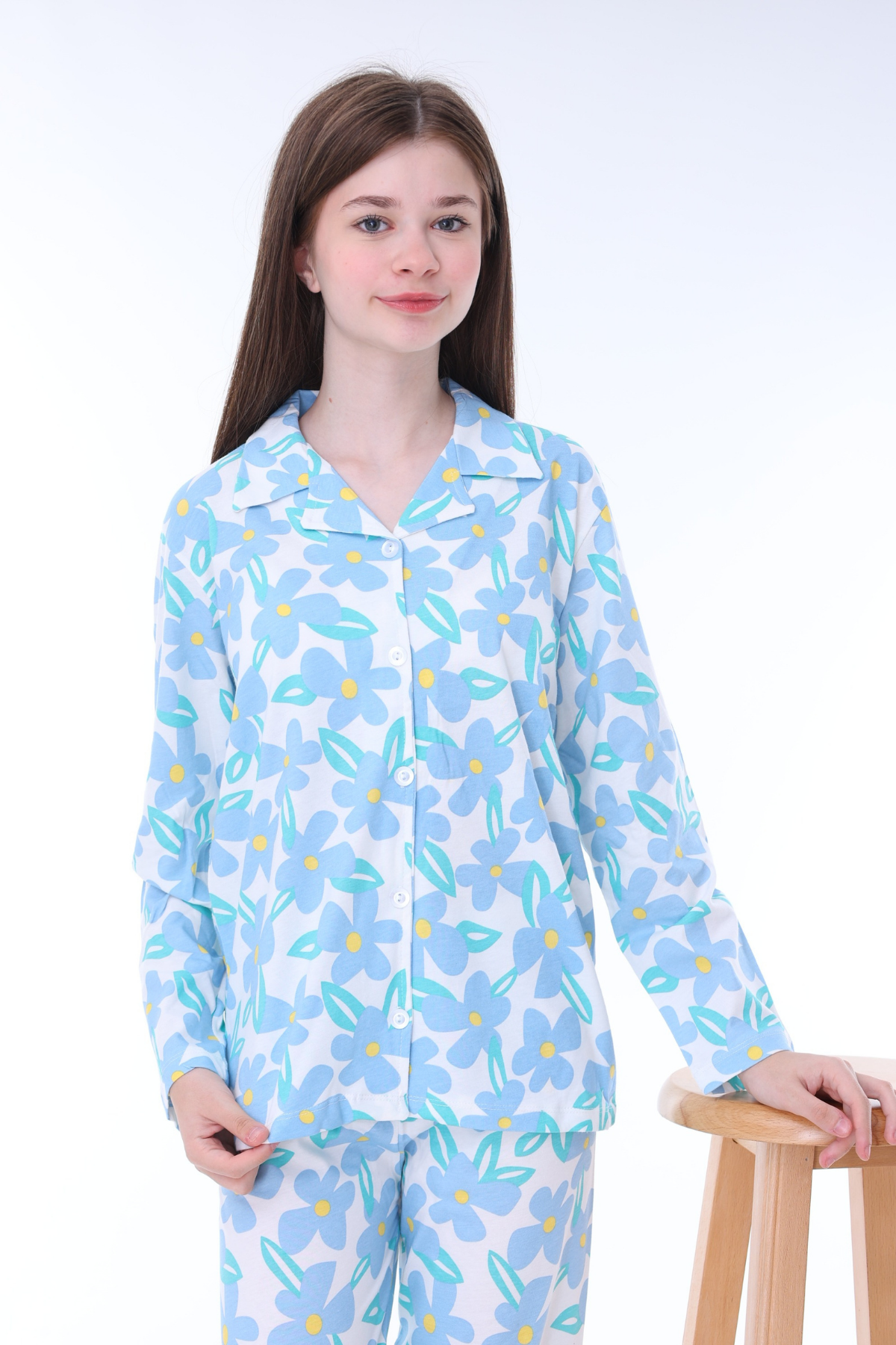 Çiçek Desenli Düğmeli Kız Pijama Takımı - Açık Mavi