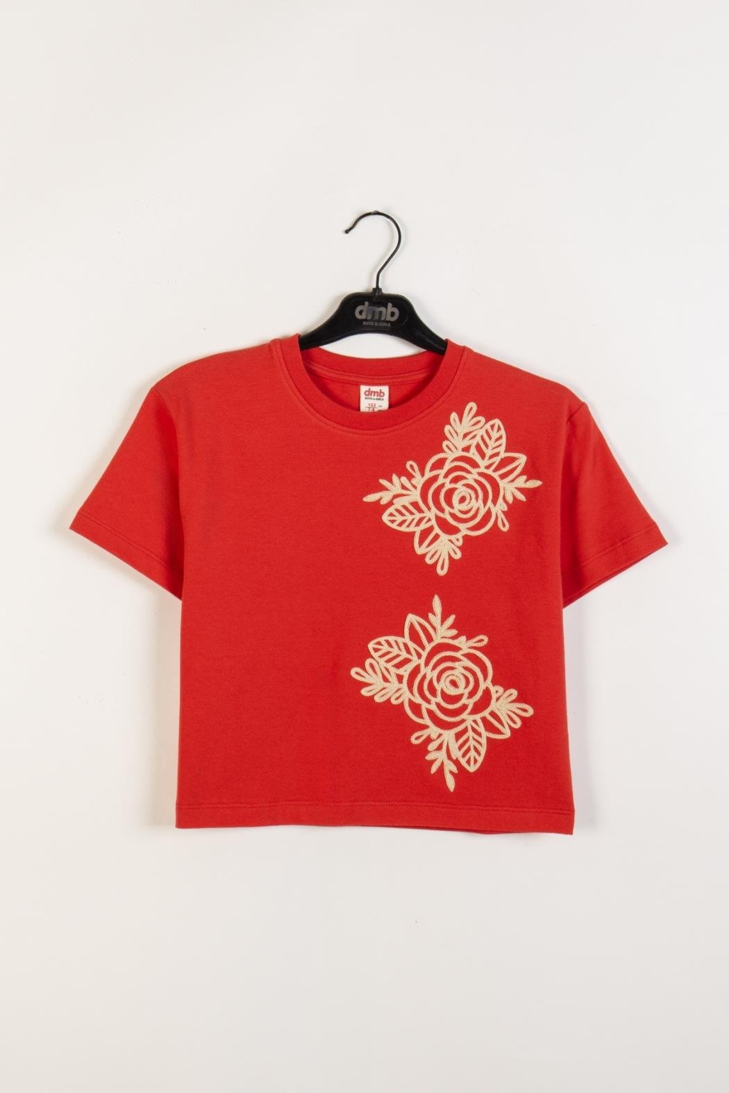 Çiçek Nakışlı Kız Tshirt - Kırmızı