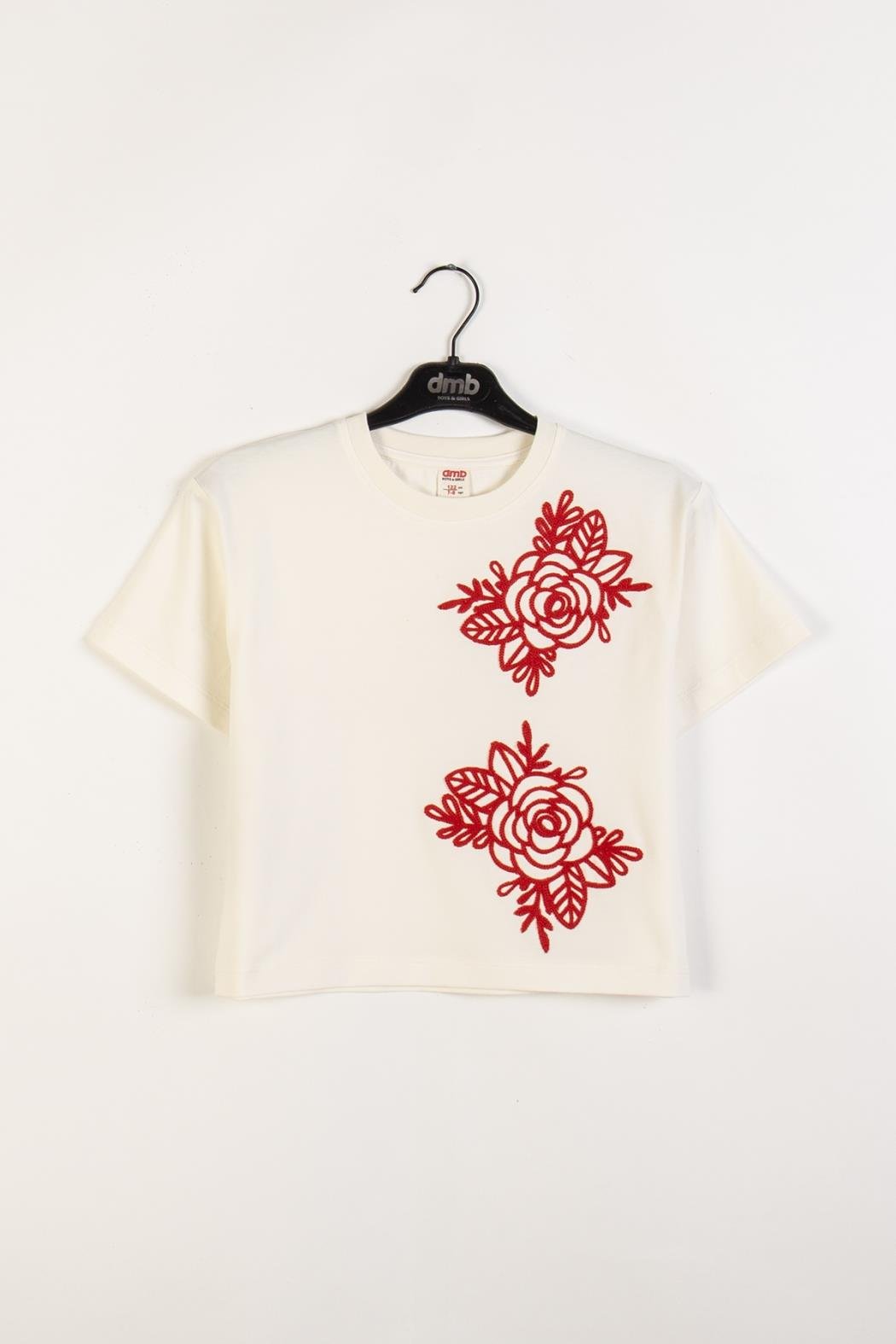 Çiçek Nakışlı Kız Tshirt - Krem