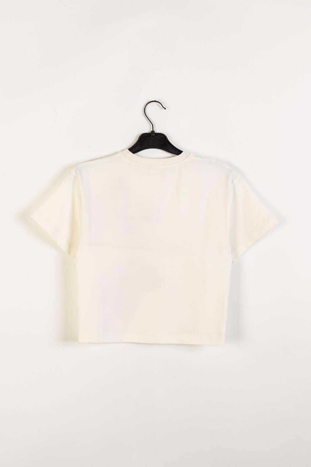 Çiçek Nakışlı Kız Tshirt - Krem