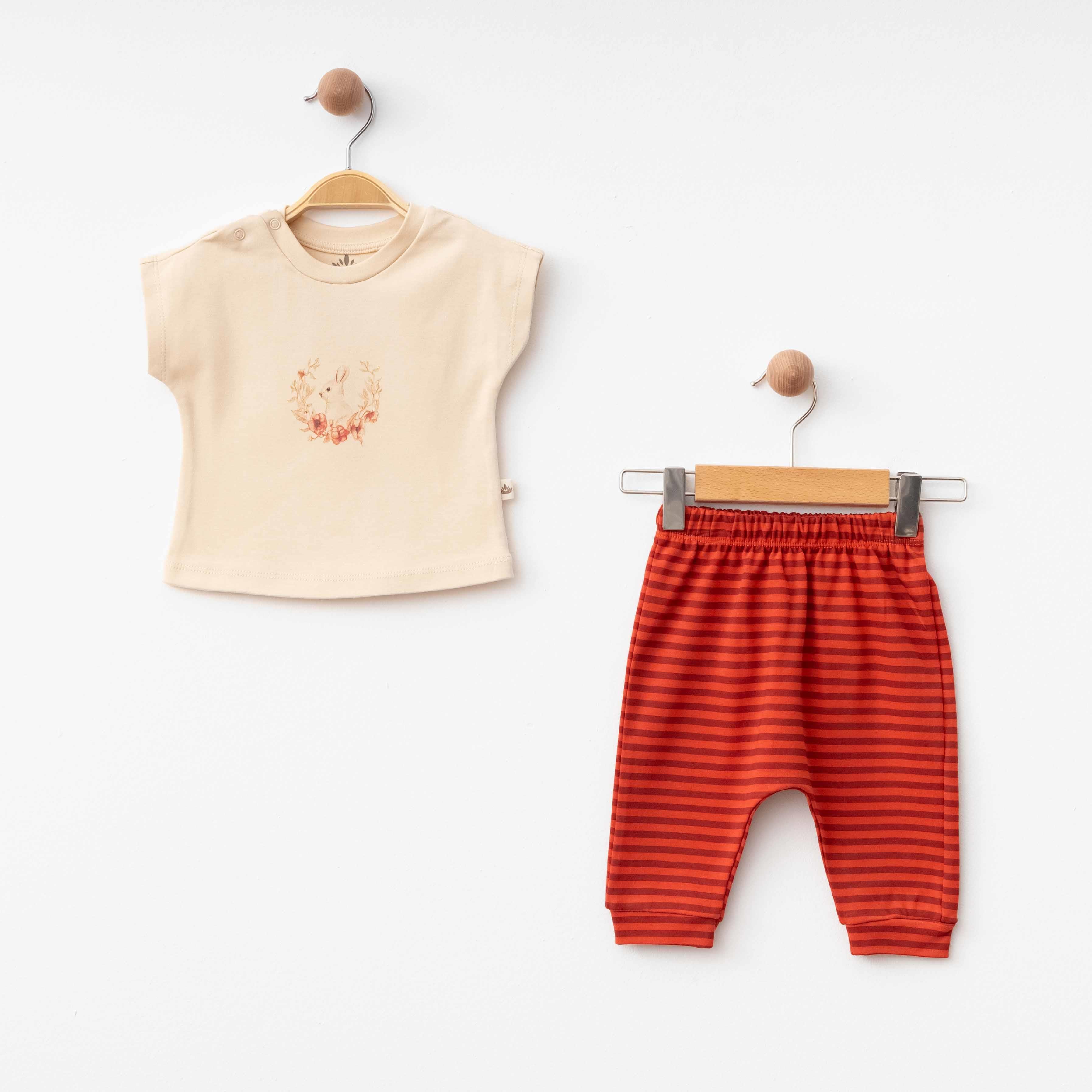 Çizgili 3'lü Kız Takım - Kiremit