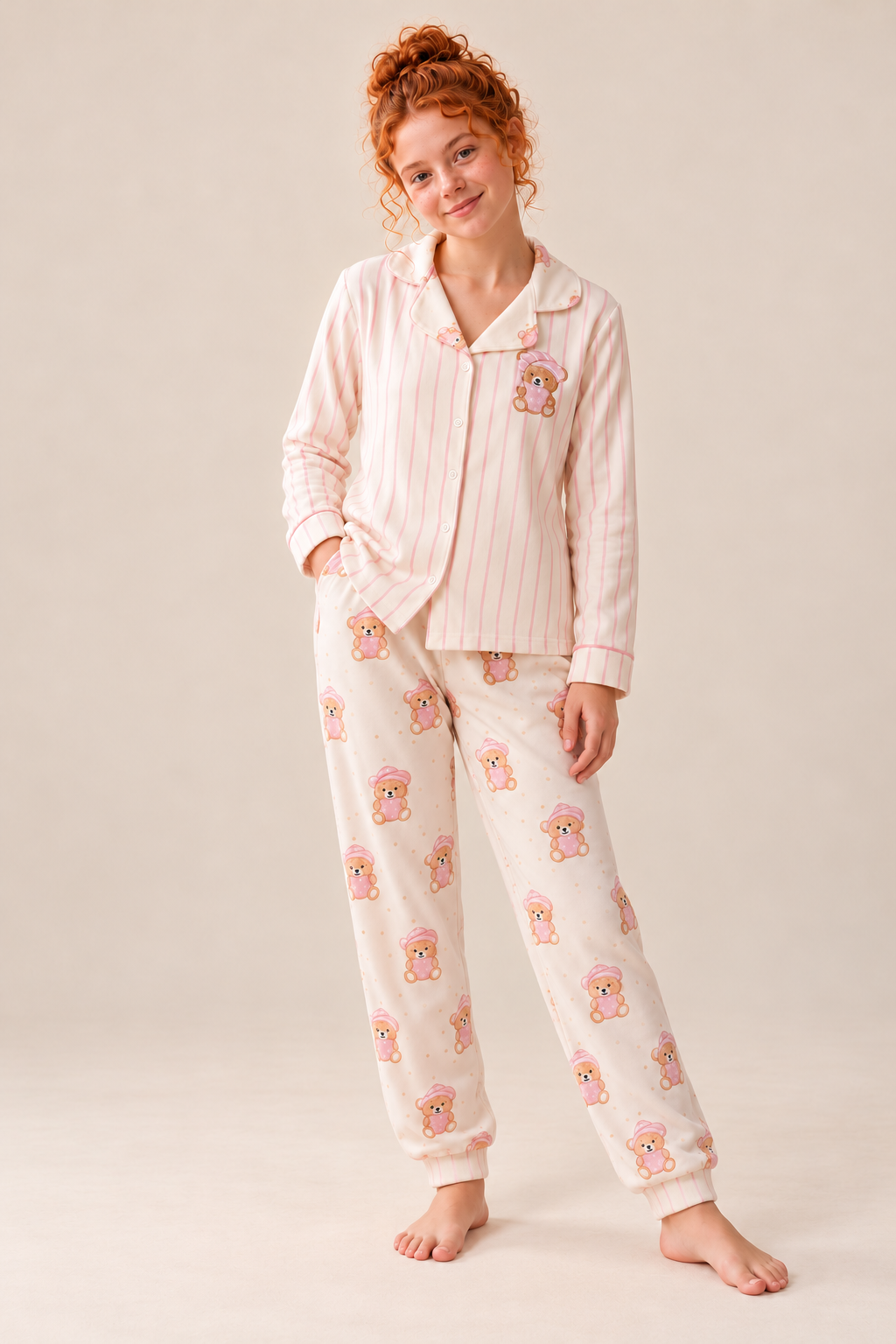 Çizgili Düğmeli Kız Pijama Takımı - Pembe