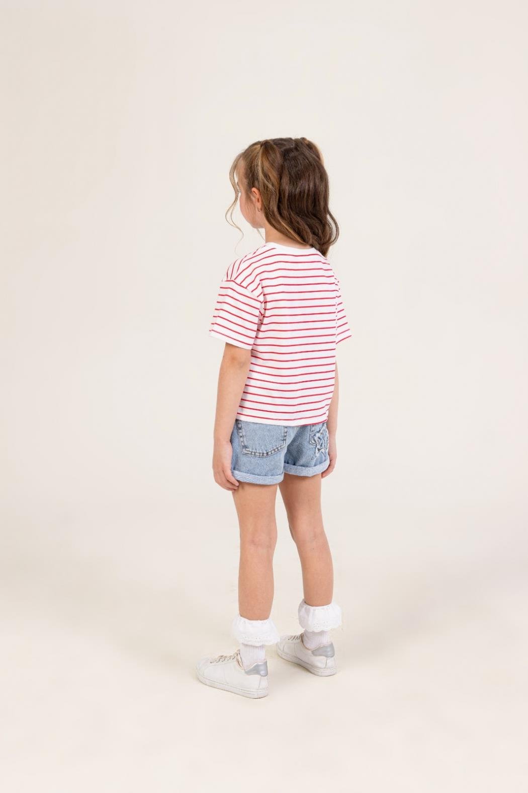 Çizgili Kalpli Tişört - Kırmızı