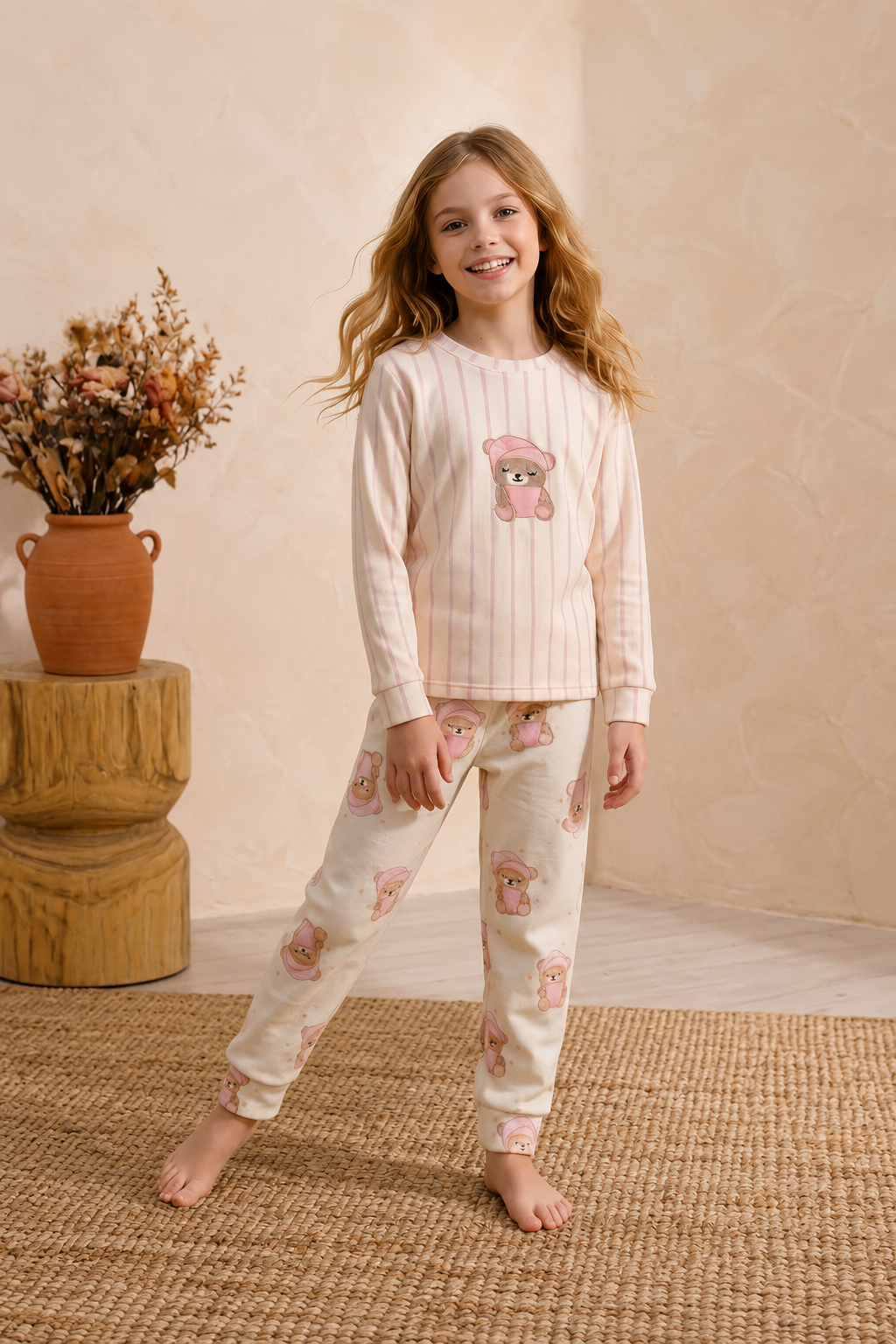 Çizgili Kız Pijama Takımı - Pembe