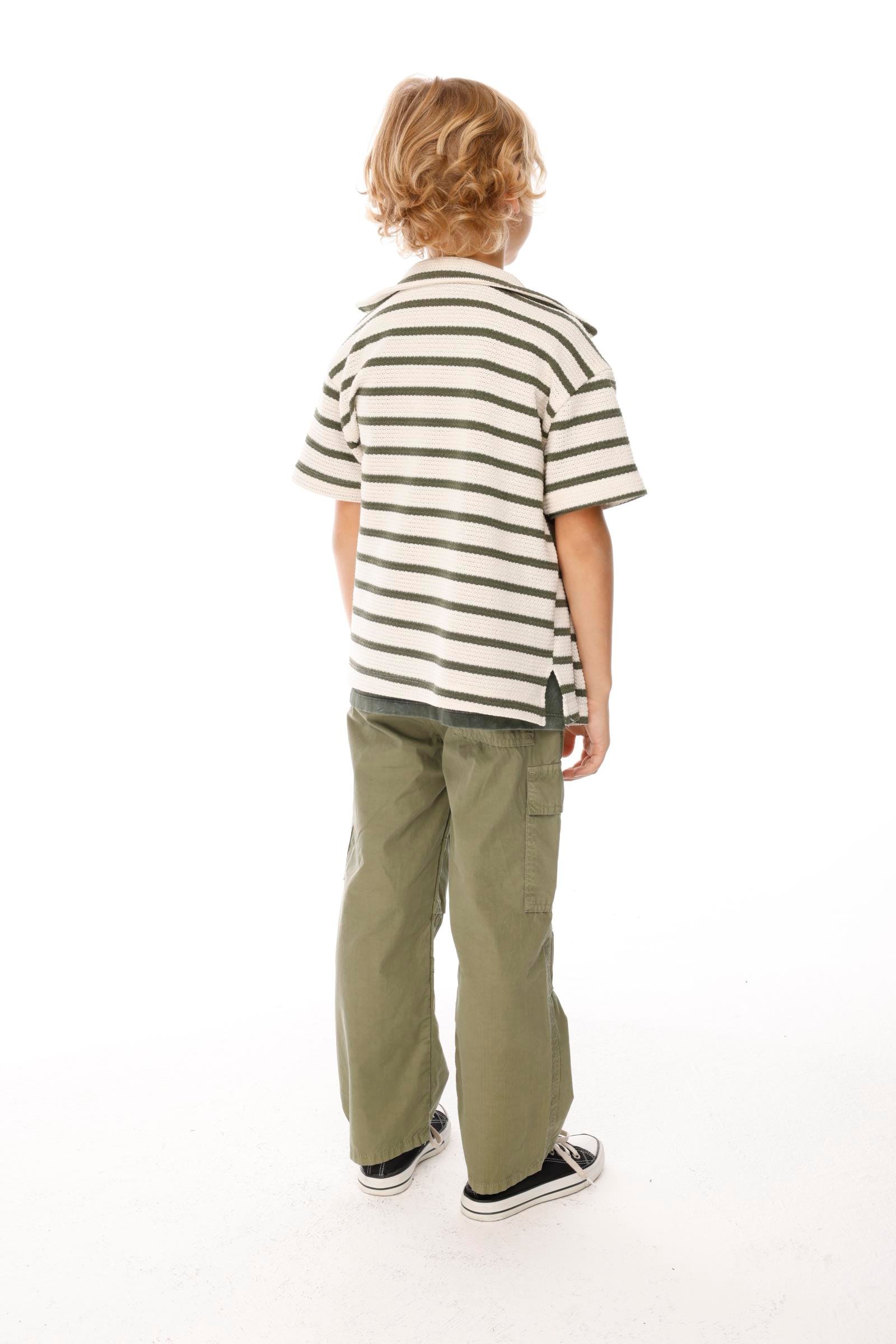 Çizgili Triko Erkek Gömlek - Yeşil Haki