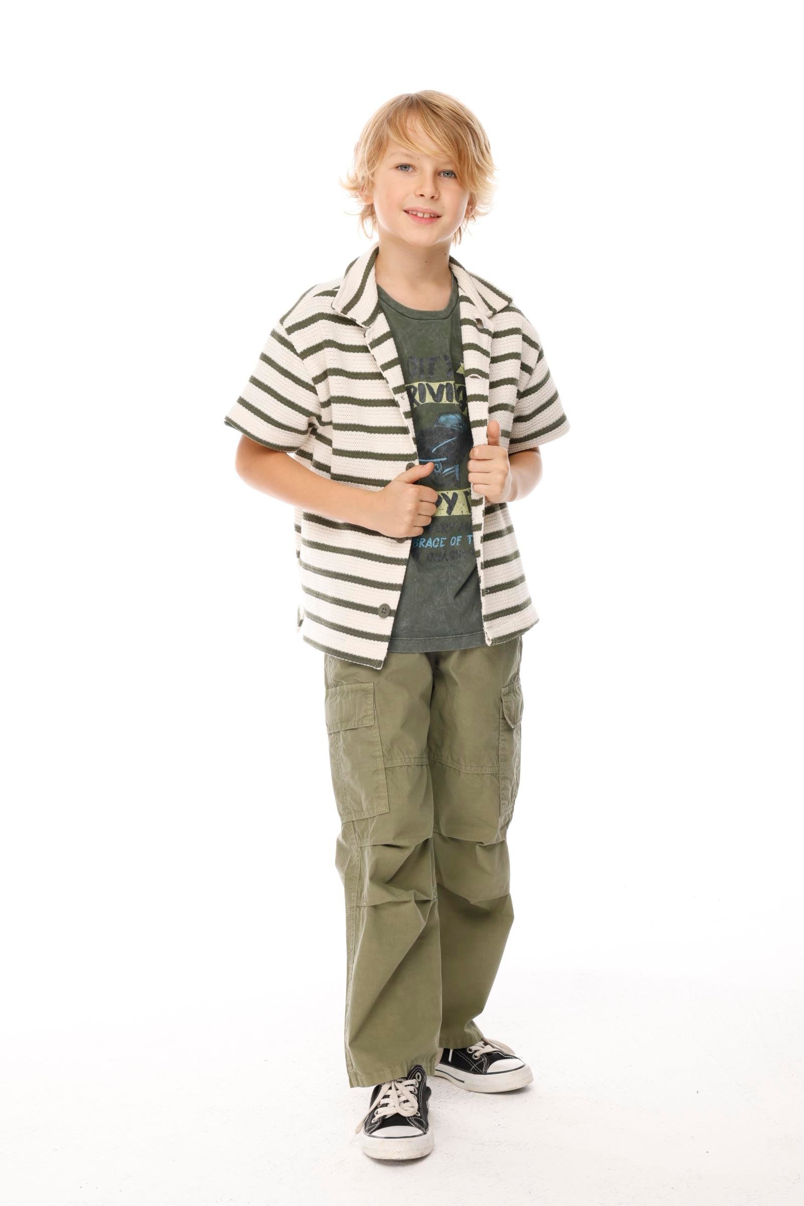 Çizgili Triko Erkek Gömlek - Yeşil Haki