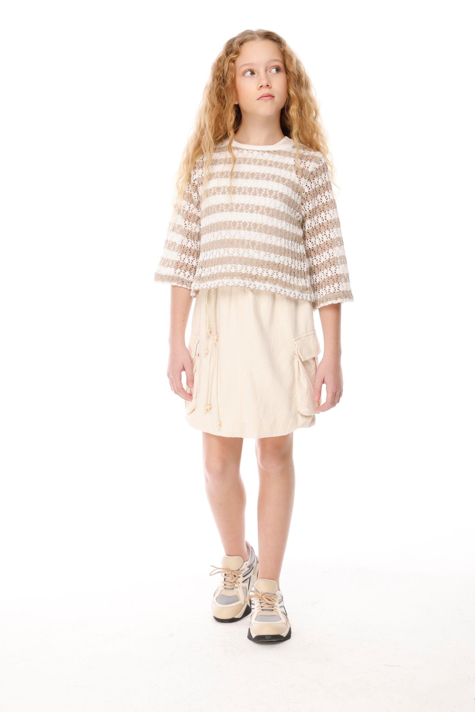 Çizgili Triko Kız Bluz - Kahverengi