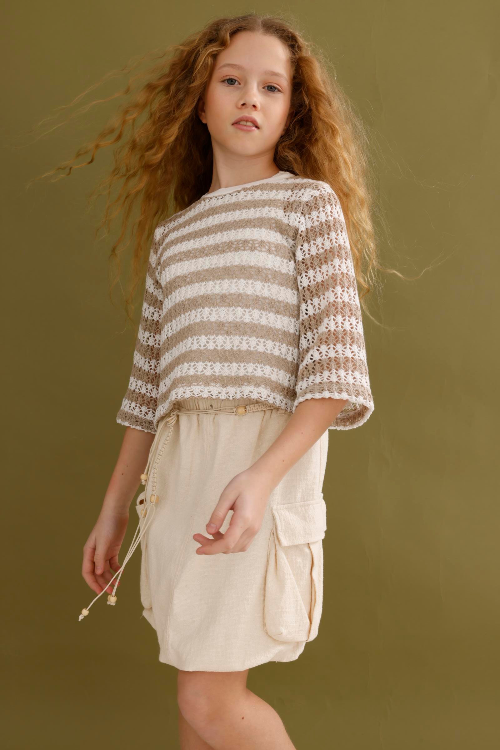 Çizgili Triko Kız Bluz - Kahverengi