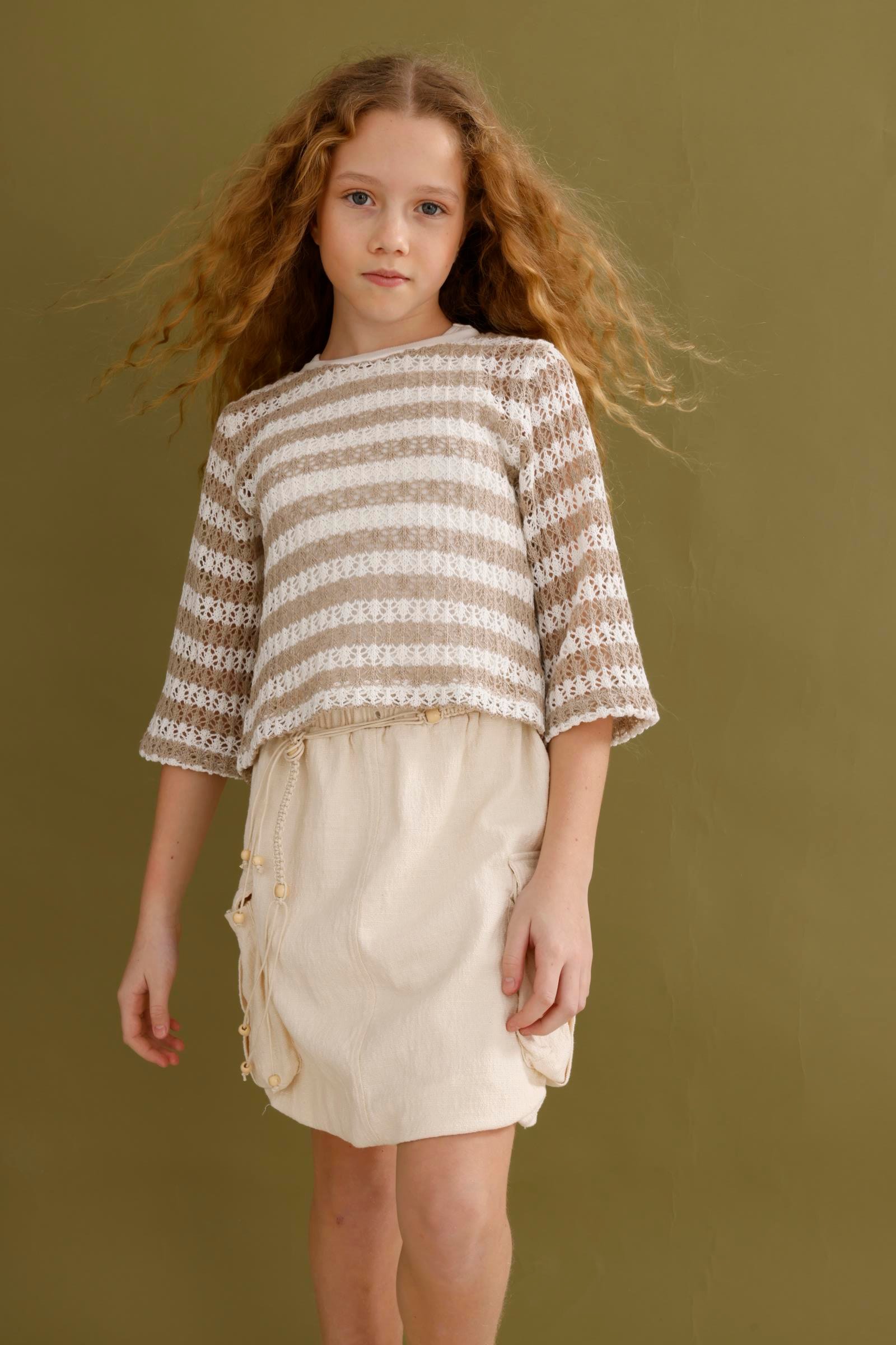 Çizgili Triko Kız Bluz - Kahverengi