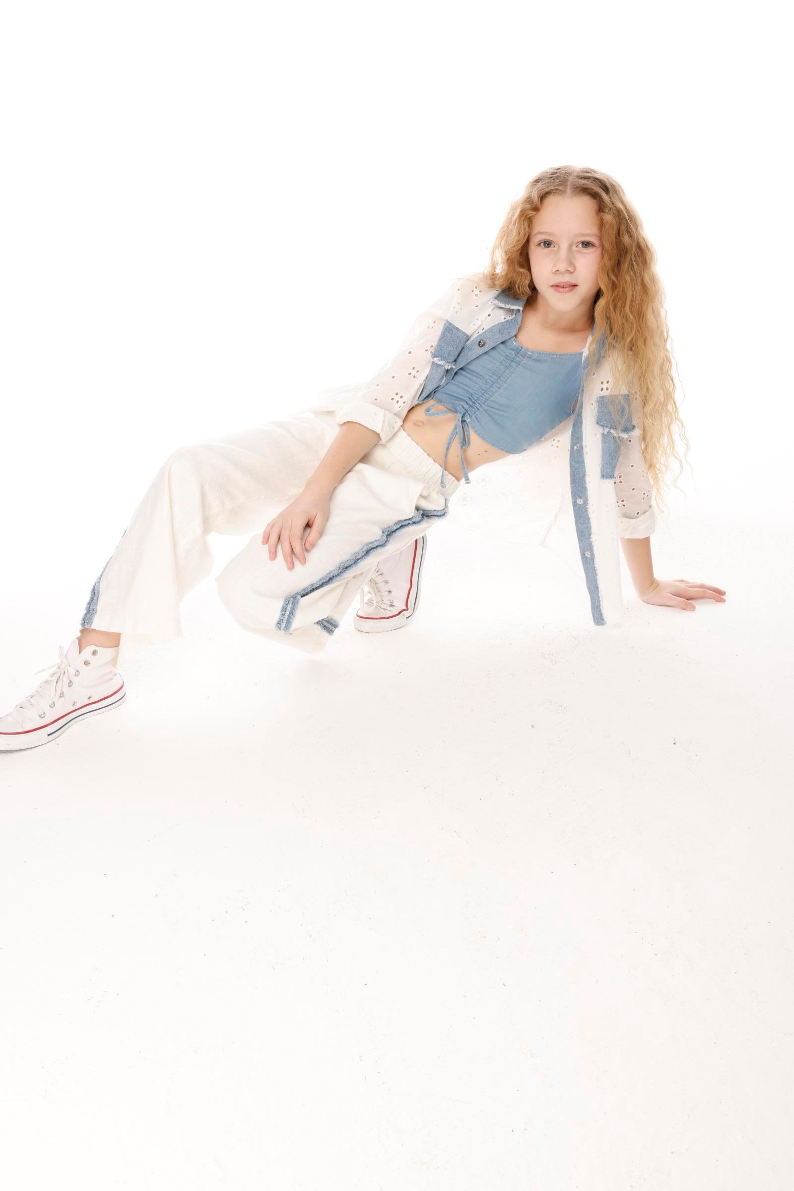 Denim Parçalı Kız Pantolon - Beyaz