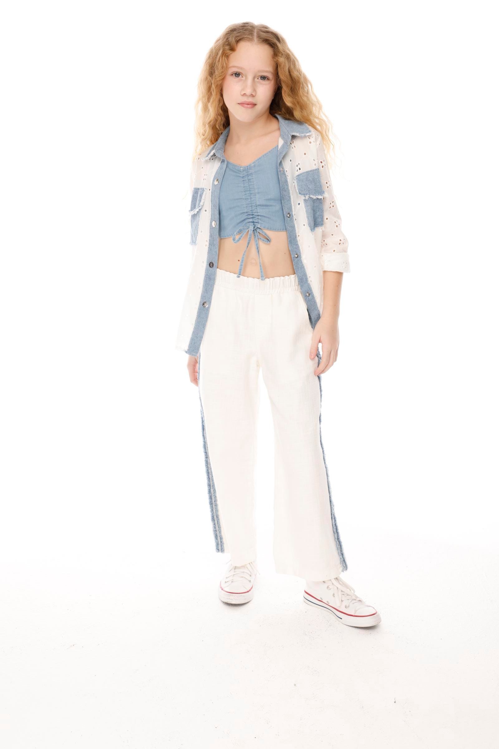 Denim Parçalı Kız Pantolon - Beyaz