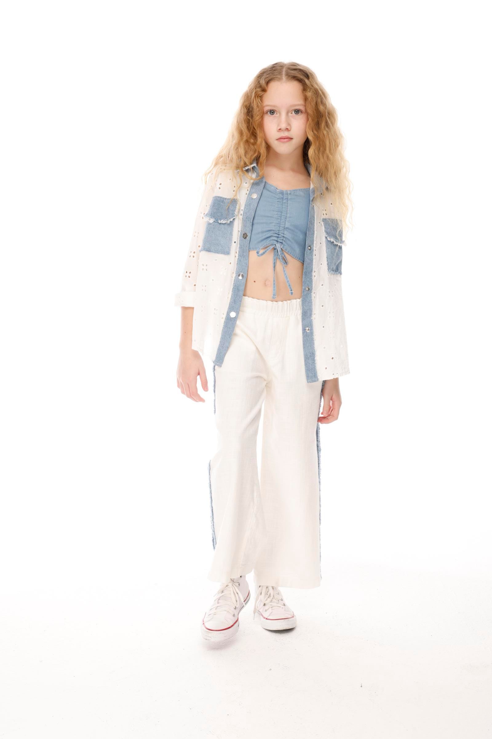 Denim Parçalı Kız Pantolon - Beyaz