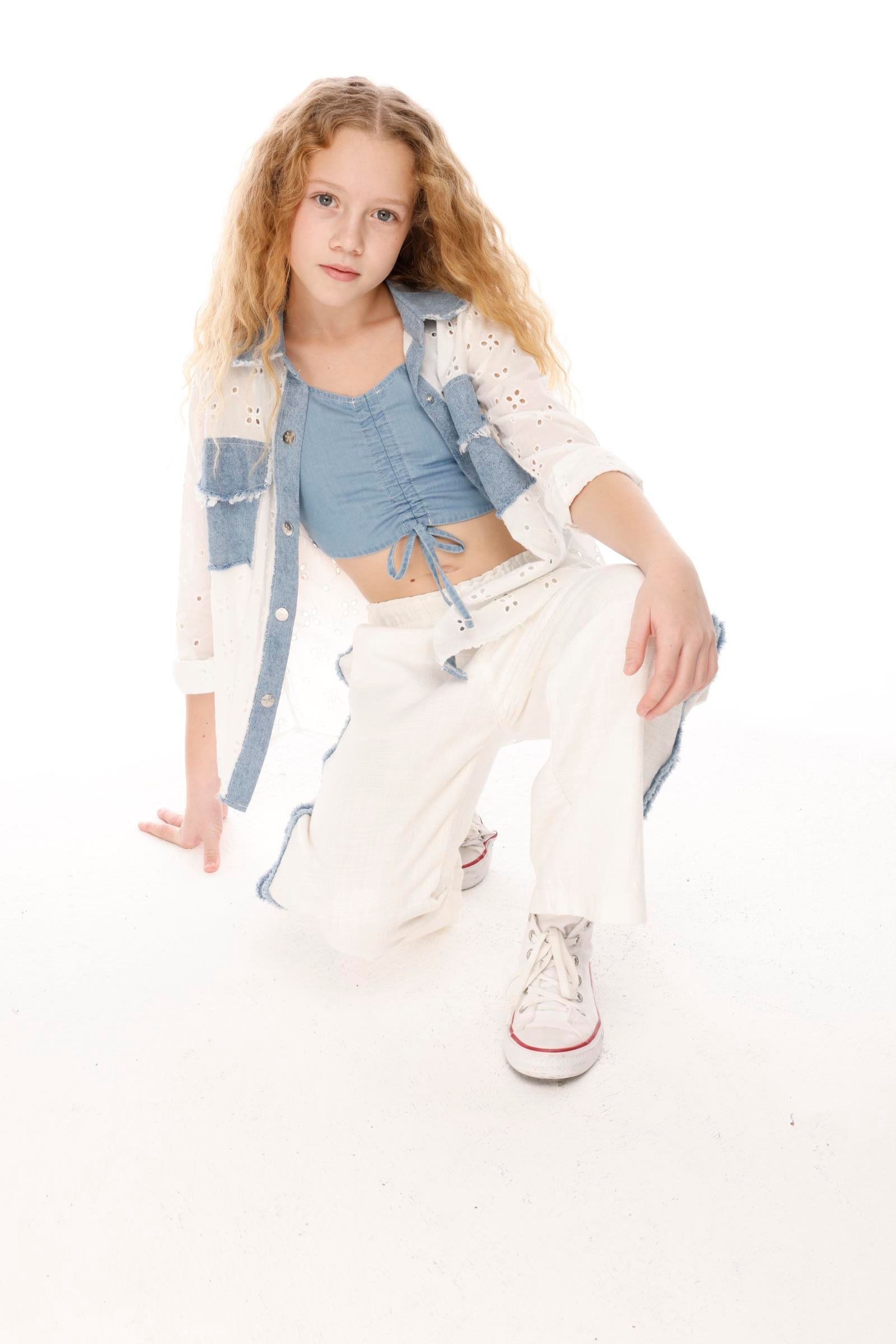 Denim Parçalı Kız Pantolon - Beyaz