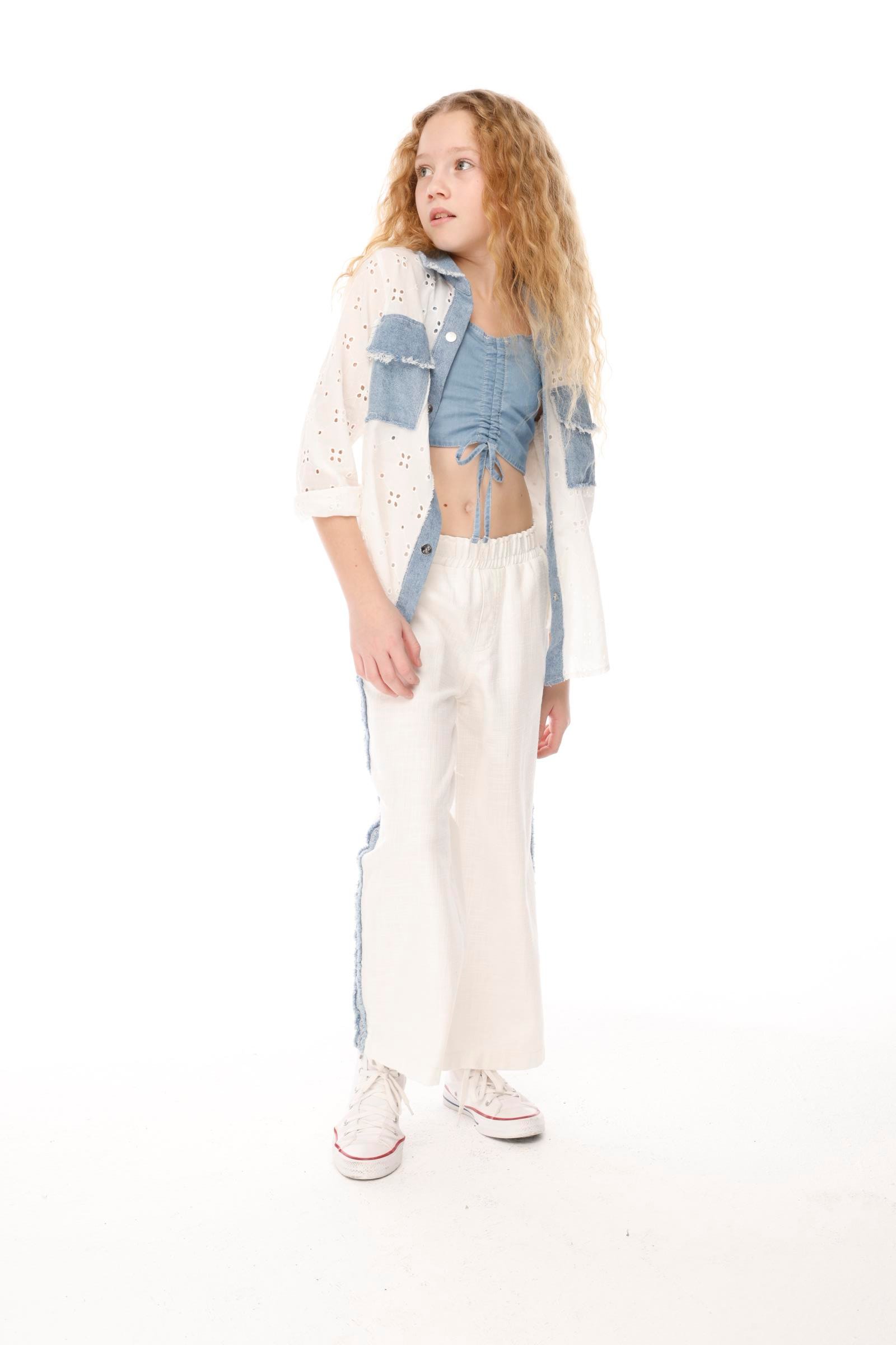 Denim Parçalı Kız Pantolon - Beyaz