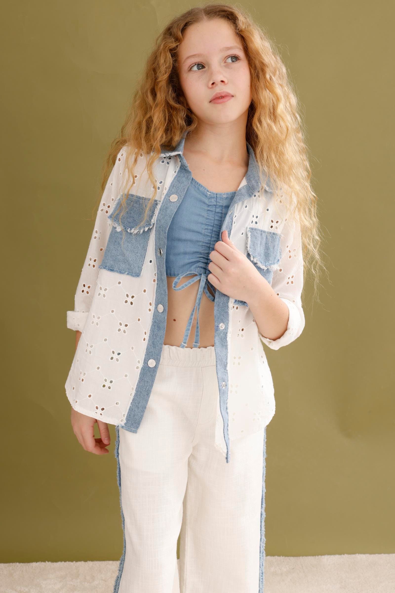 Denim Parçalı Kız Pantolon - Beyaz