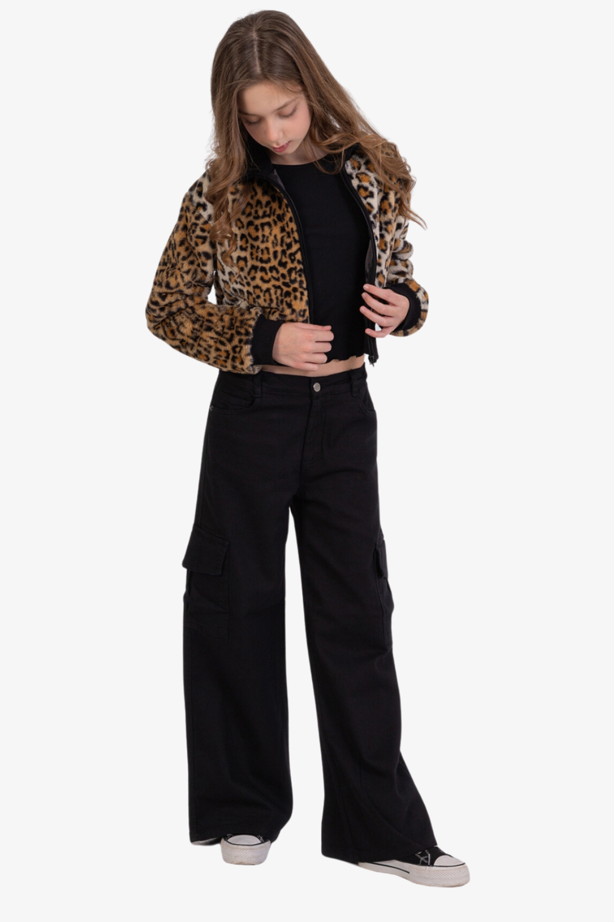 DMB Leopar Desenli Peluş Ceket - Siyah