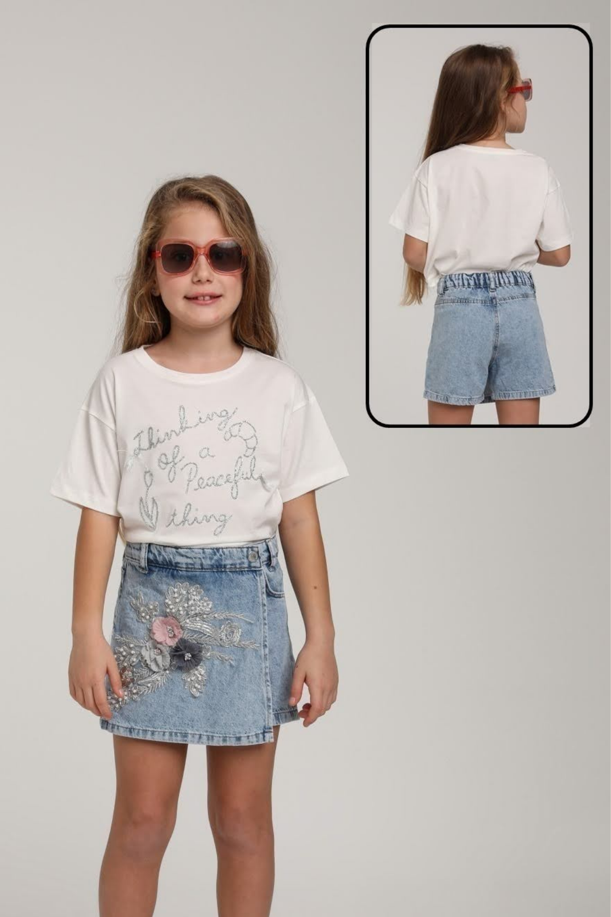 ESCABEL Gümüş Yazı Desenli Kız Tişört - Beyaz