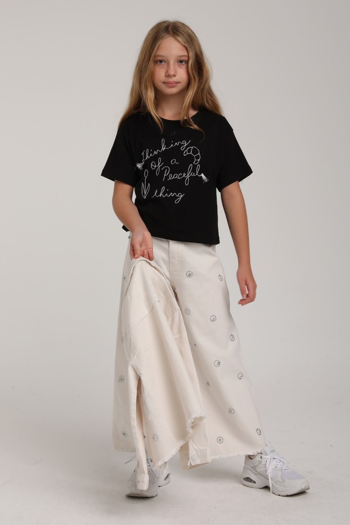 ESCABEL Gümüş Yazı Desenli Kız Tişört - Siyah