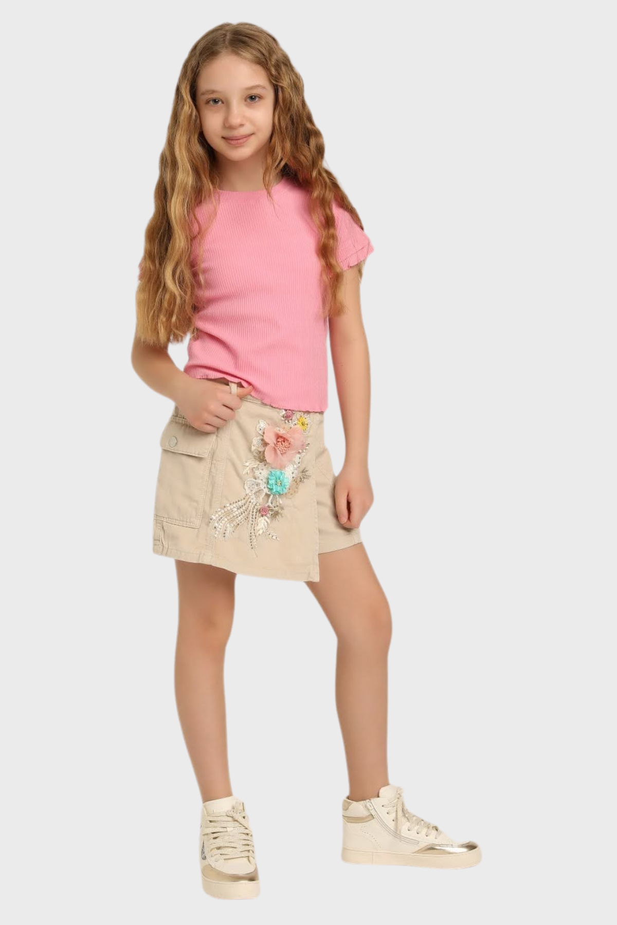 ESCABEL Önü Çiçek İşlemeli Şort Etek - Taş Rengi