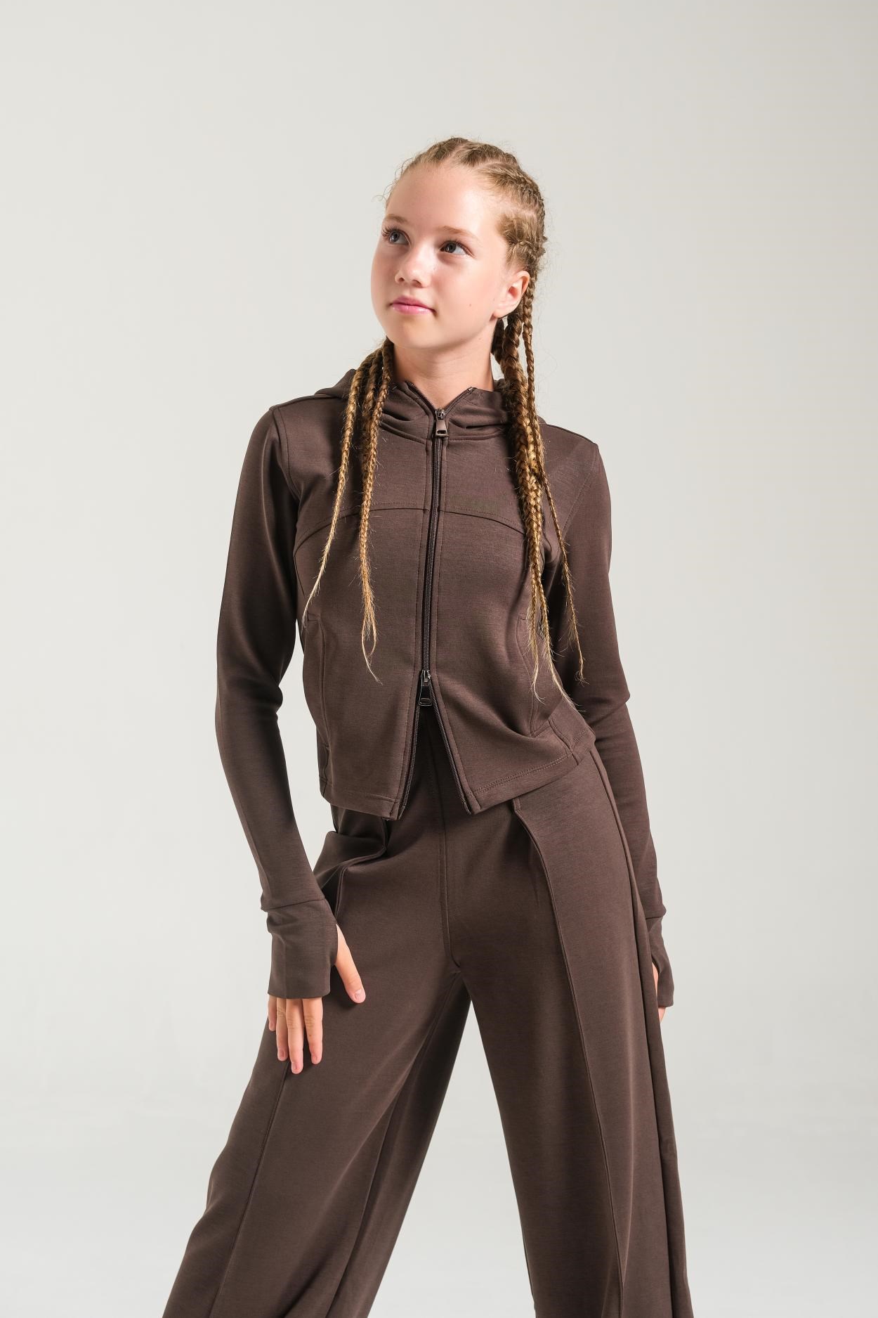 Fermuarlı Kız Sweat Tişört - Kahverengi