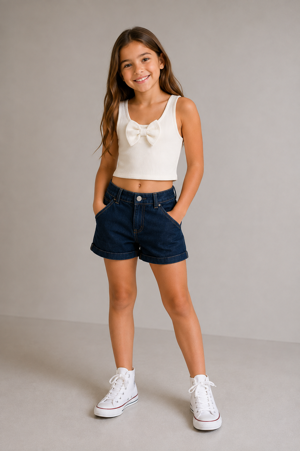 Fiyonklu Kız Crop - Ekru