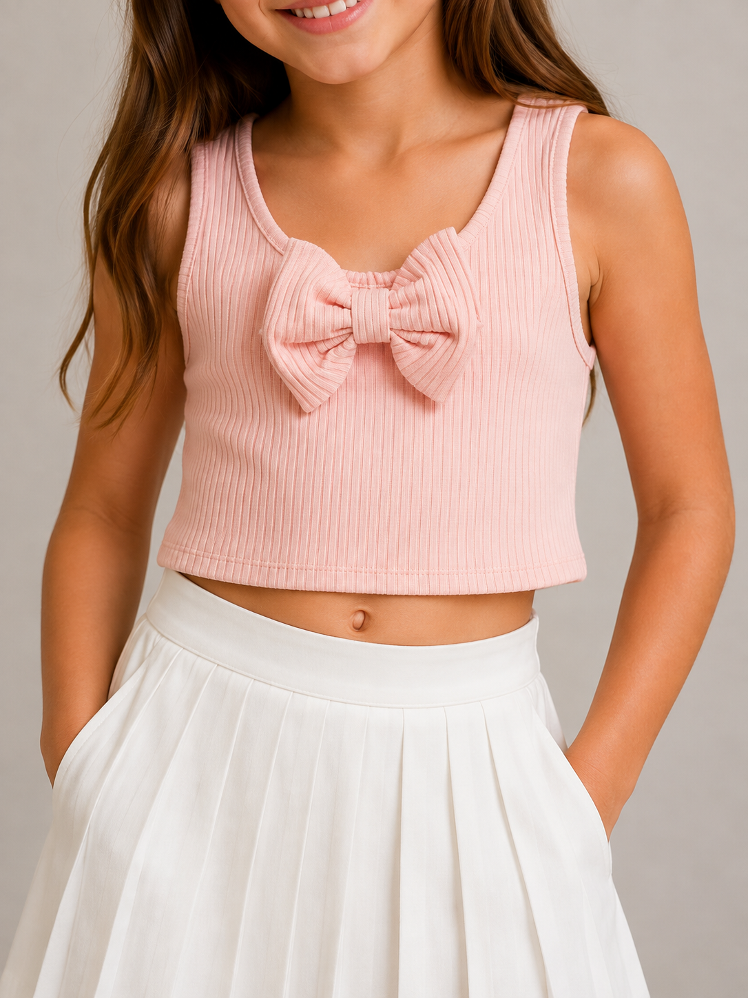 Fiyonklu Kız Crop - Pembe