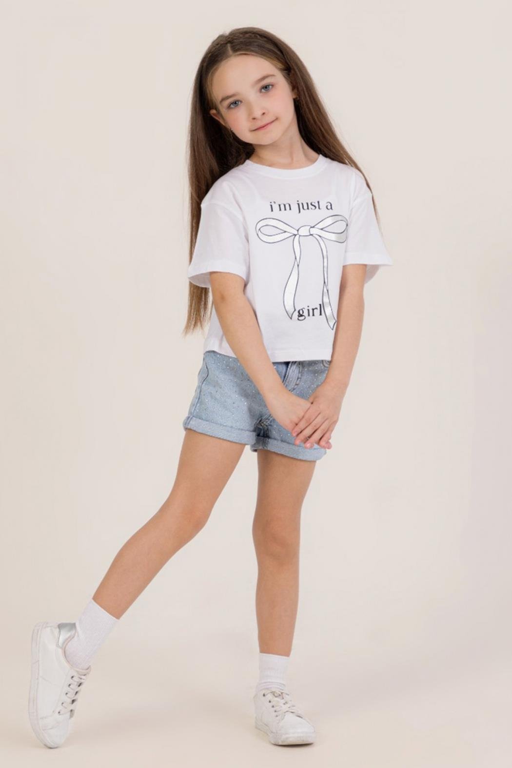 Fiyonklu Kız Tişört - Beyaz