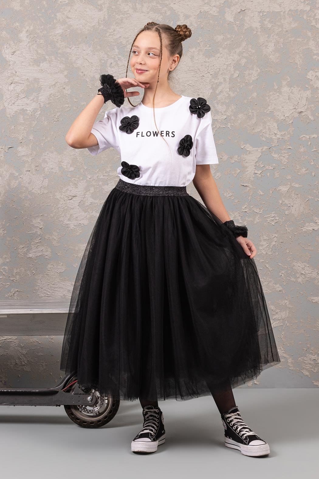 FLOWERS YAZILI KIZ T-SHIRT