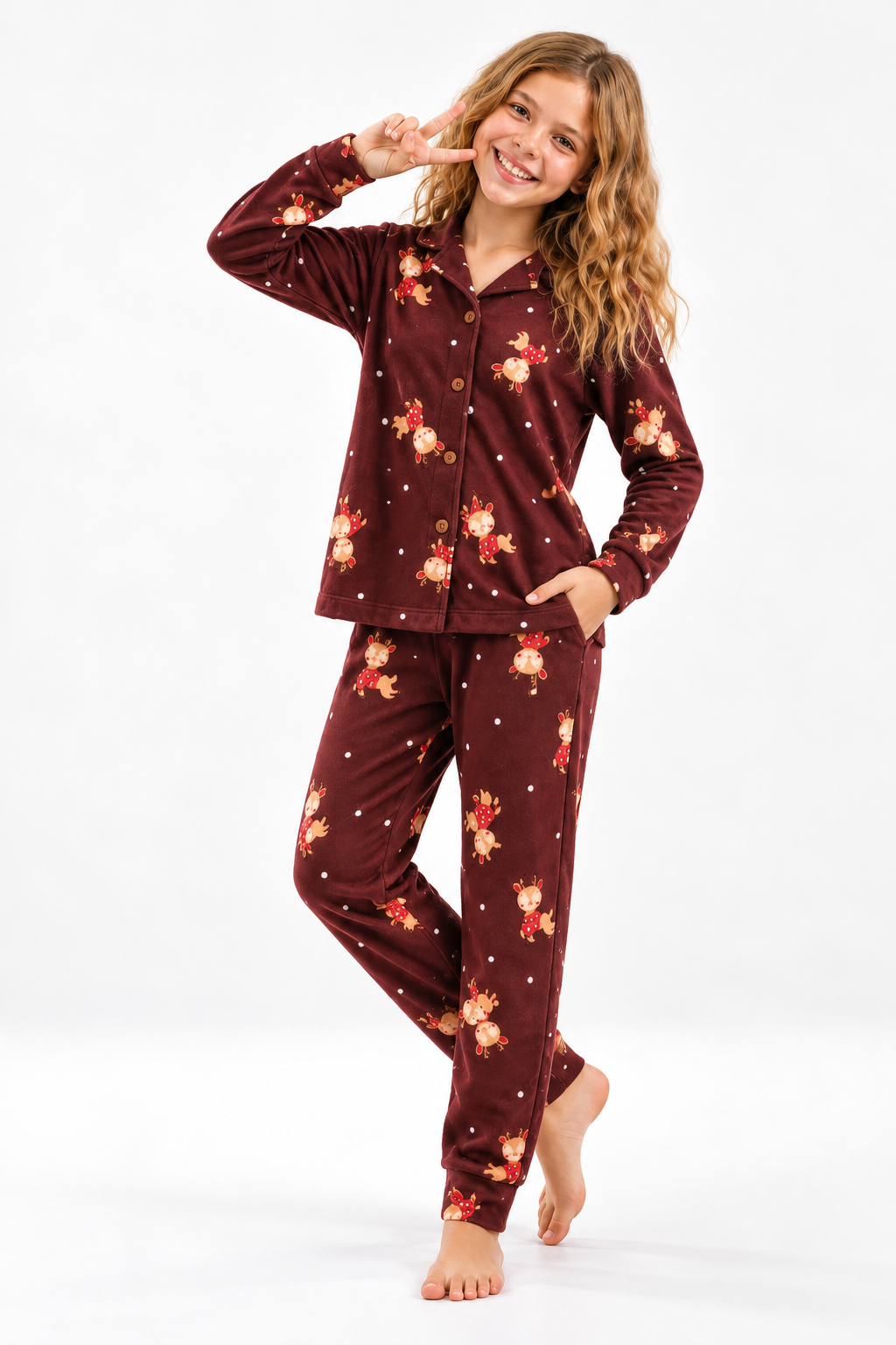 Geyikli Düğmeli Kız Pijama Takımı - Kahverengi