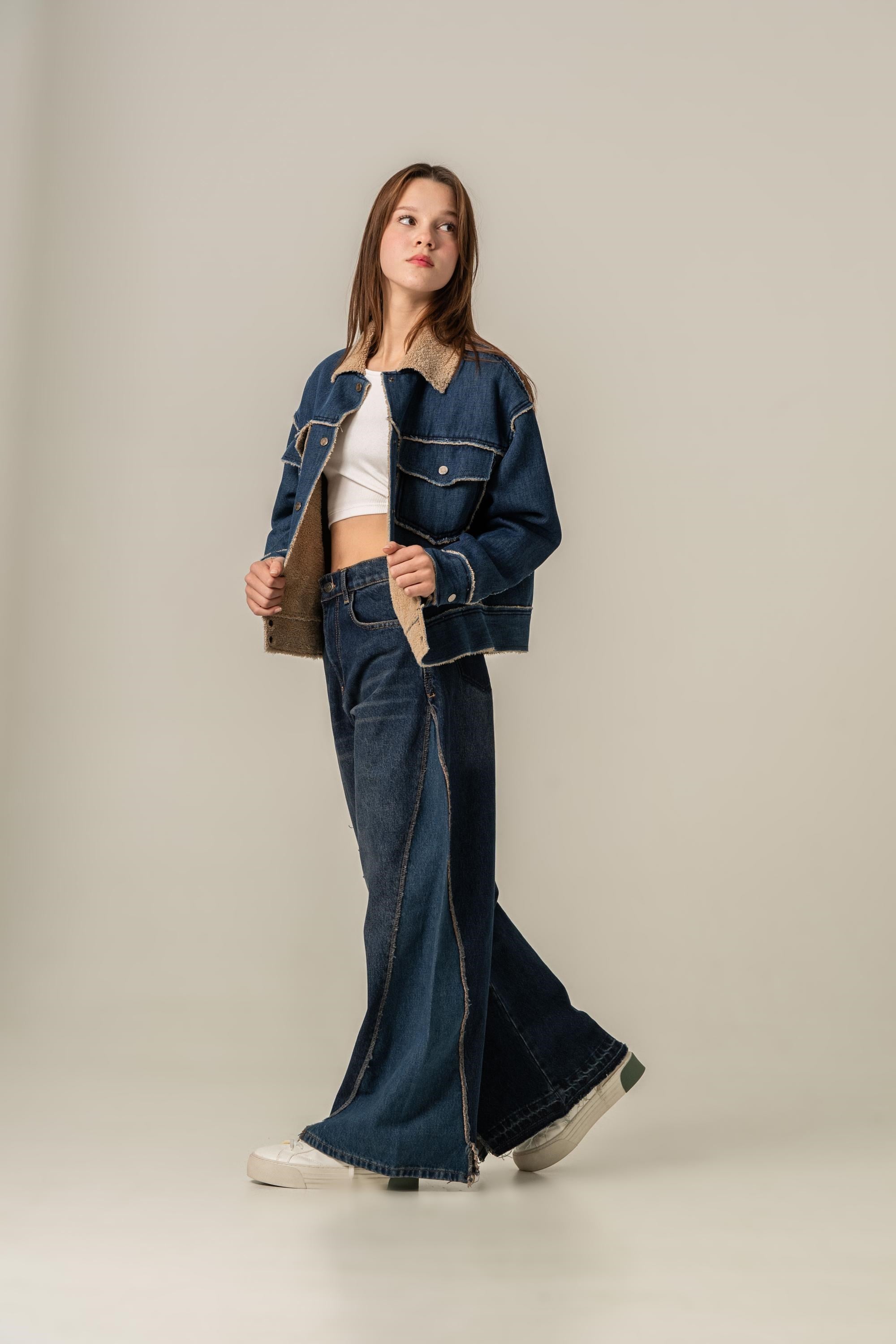 İçi Peluş Denim Kız Ceket - Bej