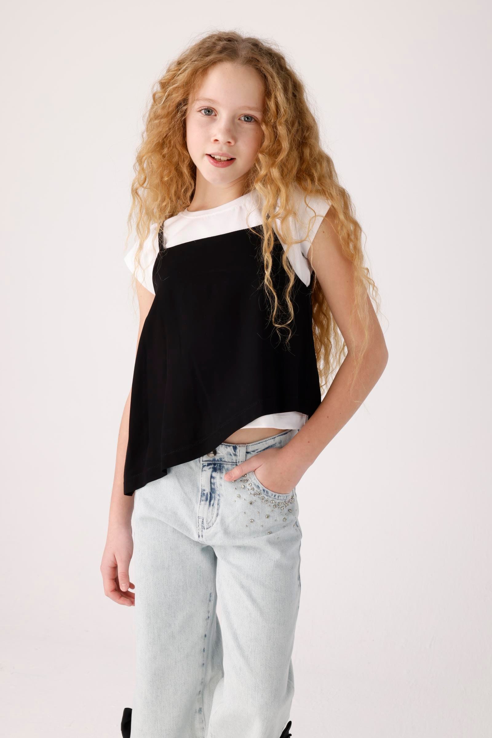 İkili Asimetrik Kız Tshirt - Beyaz