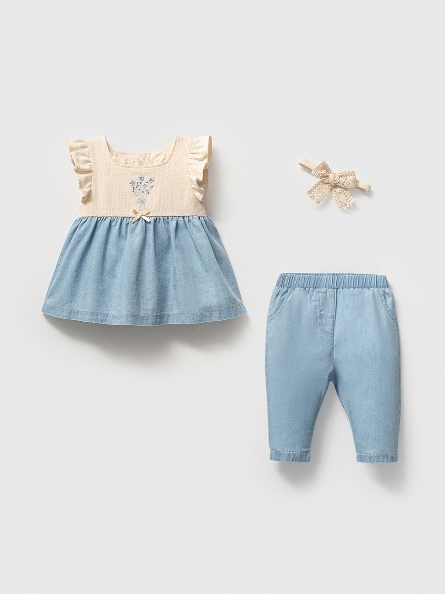 İşlemeli Bebe Pantolonlu Set - Mavi