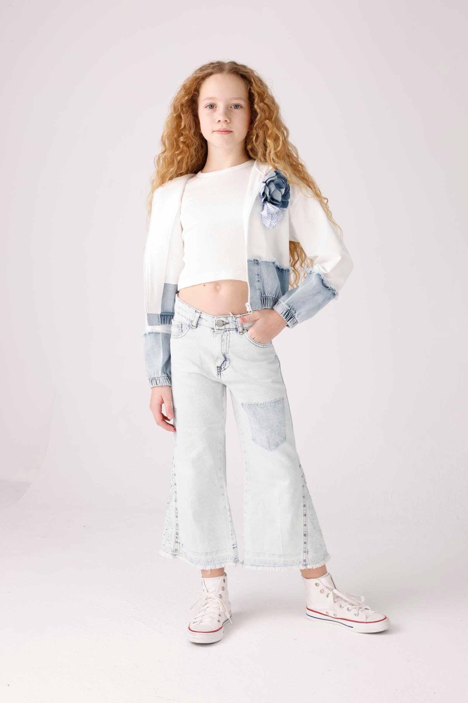 JENA Denim Parçalı Kız Ceket - Beyaz